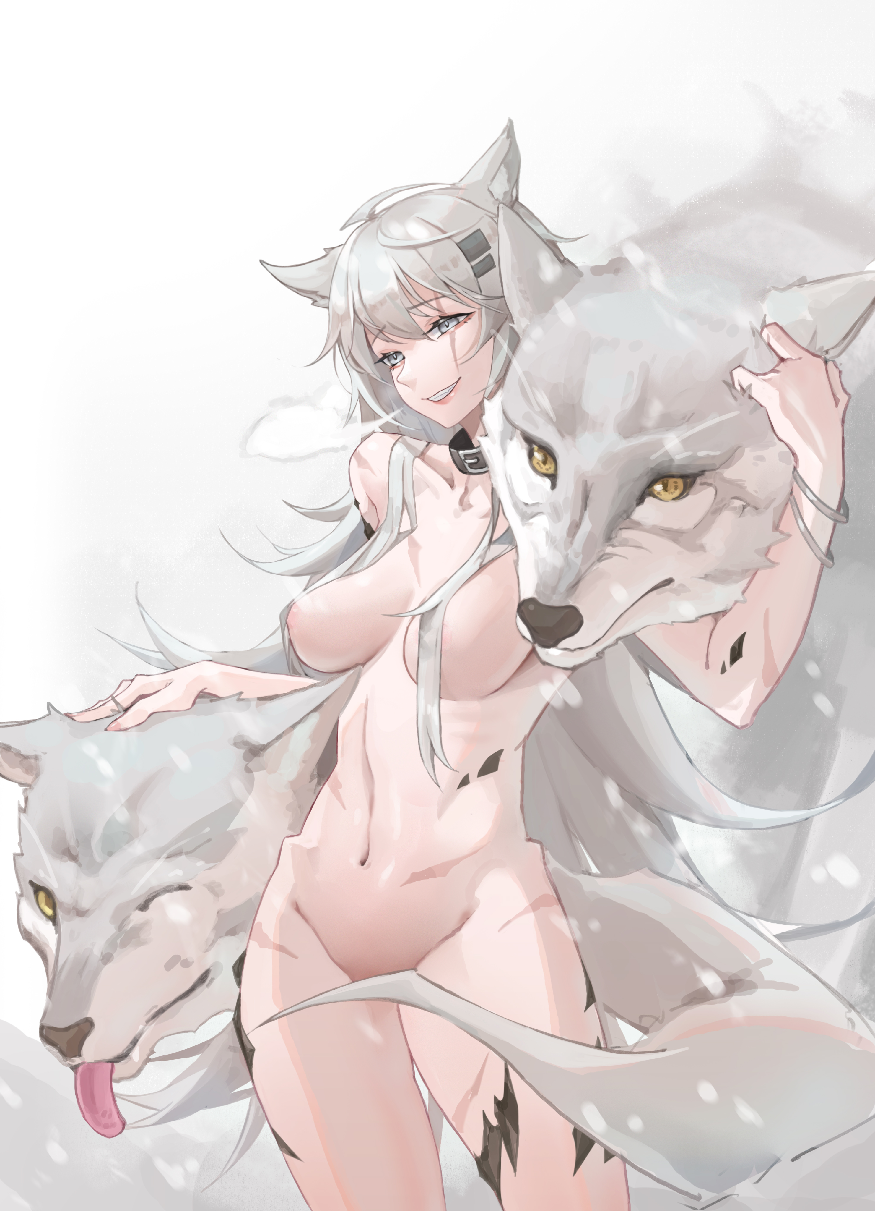 :d, absurdres, animal, animal ears, arknights, bracelet, breasts, collar, convenient censoring, cowboy shot, female, grey eyes, grey hair, groin, hair censor, hair over breasts, highres, jewelry, lappland (arknights), large breasts, long hair, navel, nude, open mouth, parted lips, sama24654684, scar, scar across eye, scar on face, simple background, smile, snowing, solo, stomach, tail, very long hair, white background, wolf, wolf ears, wolf girl, wolf tail