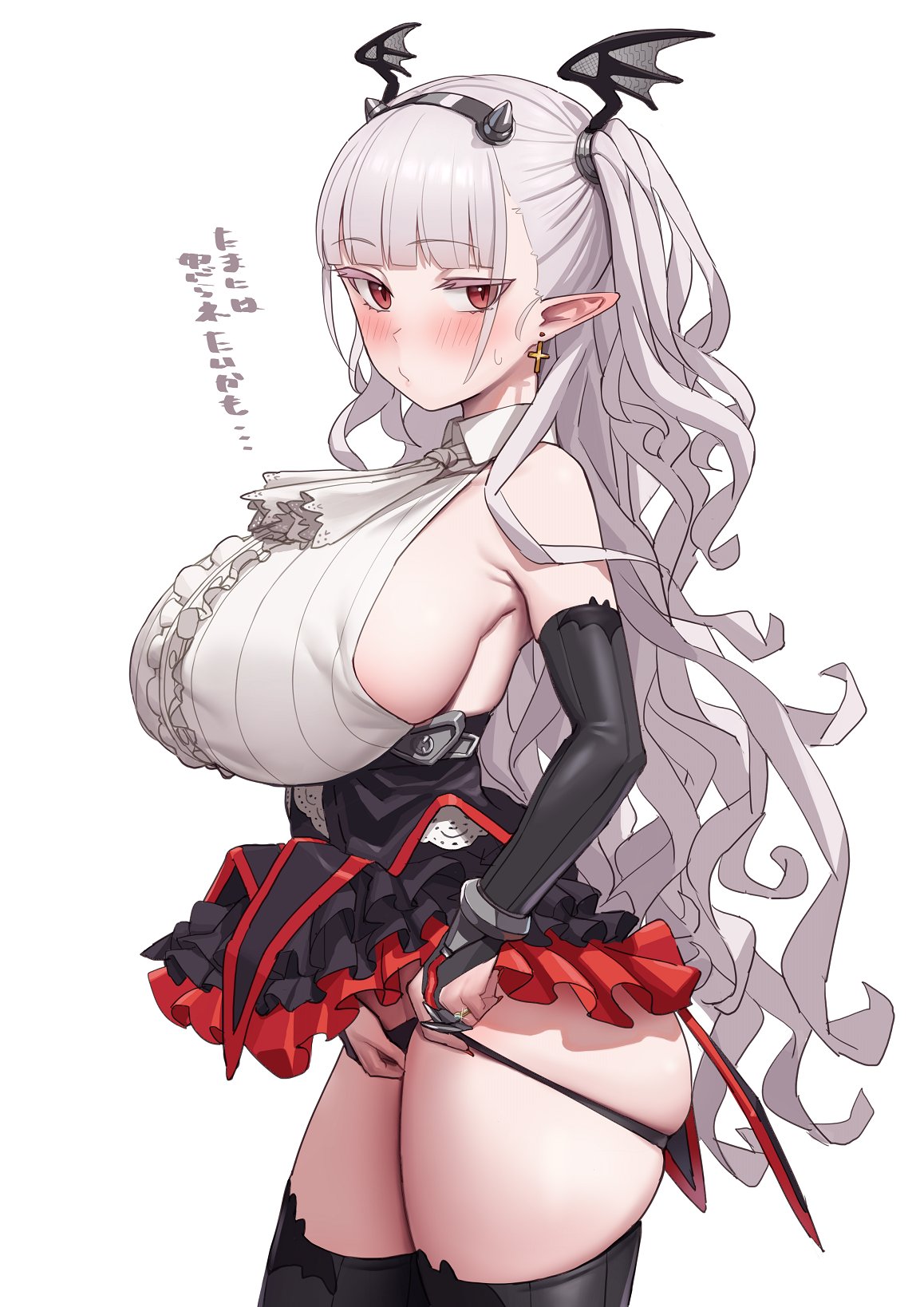 1girls armpits ascot bangs big_ass big_breasts black_legwear blunt_bangs blush breasts cross cross_earrings detached_sleeves draculina_(last_origin) earrings eyebrows_visible_through_hair fake_horns fat_ass female female_only frilled_shirt frills gloves grey_hair hair_ornament hasutaro_stream highres horns hourglass_figure huge_ass huge_breasts imada_michizu jewelry large_ass large_breasts last_origin long_ears long_hair looking_at_viewer panties pointy_ears red_eyes shirt side_view sideboob simple_background skindentation skirt sleeveless sleeveless_shirt solo sweat sweatdrop taking_clothes_off thick_ass thick_thighs thighhighs thighs translation_request twintails two_side_up undressing vampire voluptuous white_ascot white_background white_hair white_shirt wide_hips wing_hair_ornament