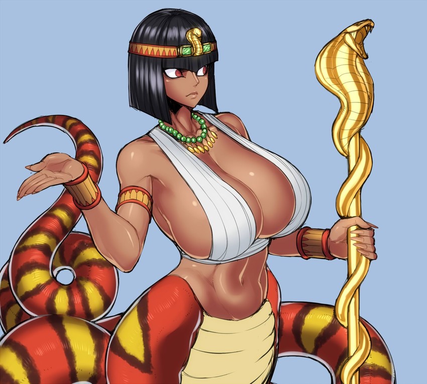 1girls baseran_(maka_maka) blunt_bangs bob_cut dark-skinned_female egyptian egyptian_clothes grey_background large_breasts maka_maka monster_girl simple_background snake_girl solo spacezin