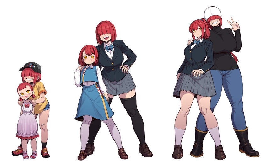 2girls age_progression aged_up bangs biriri_(spacezin) breasts comparison electrode_(pokemon) female female_only gijinka hair_over_eyes multiple_girls personification pokemon red_hair redhead sisters spacezin voltorb