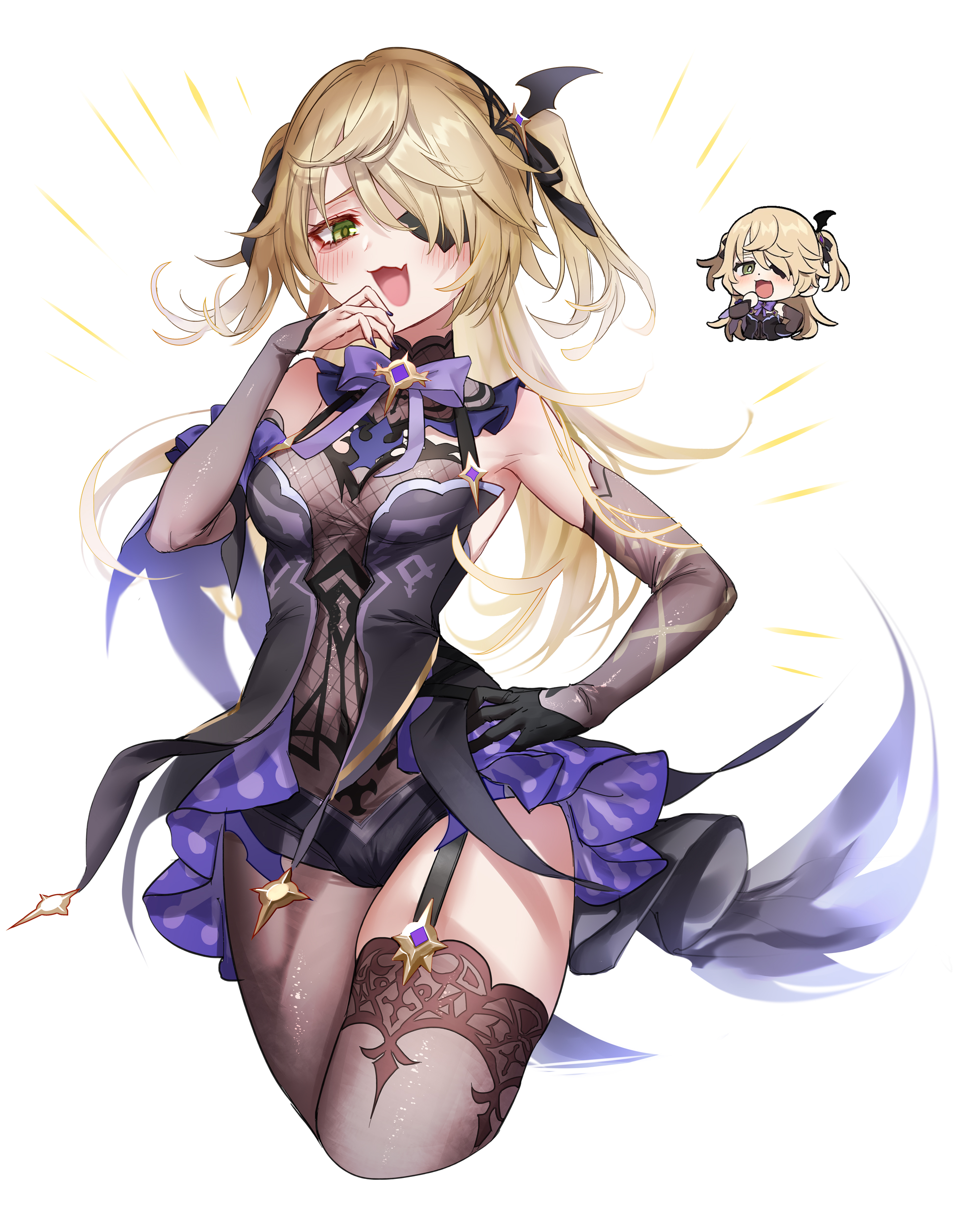 1girls, blonde, blonde hair, breasts, eye patch, female, female only, fischl (genshin impact), genshin impact, legs, pottsness, revealing clothes, solo, stockings, thick, thick thighs, thigh highs, thighhighs