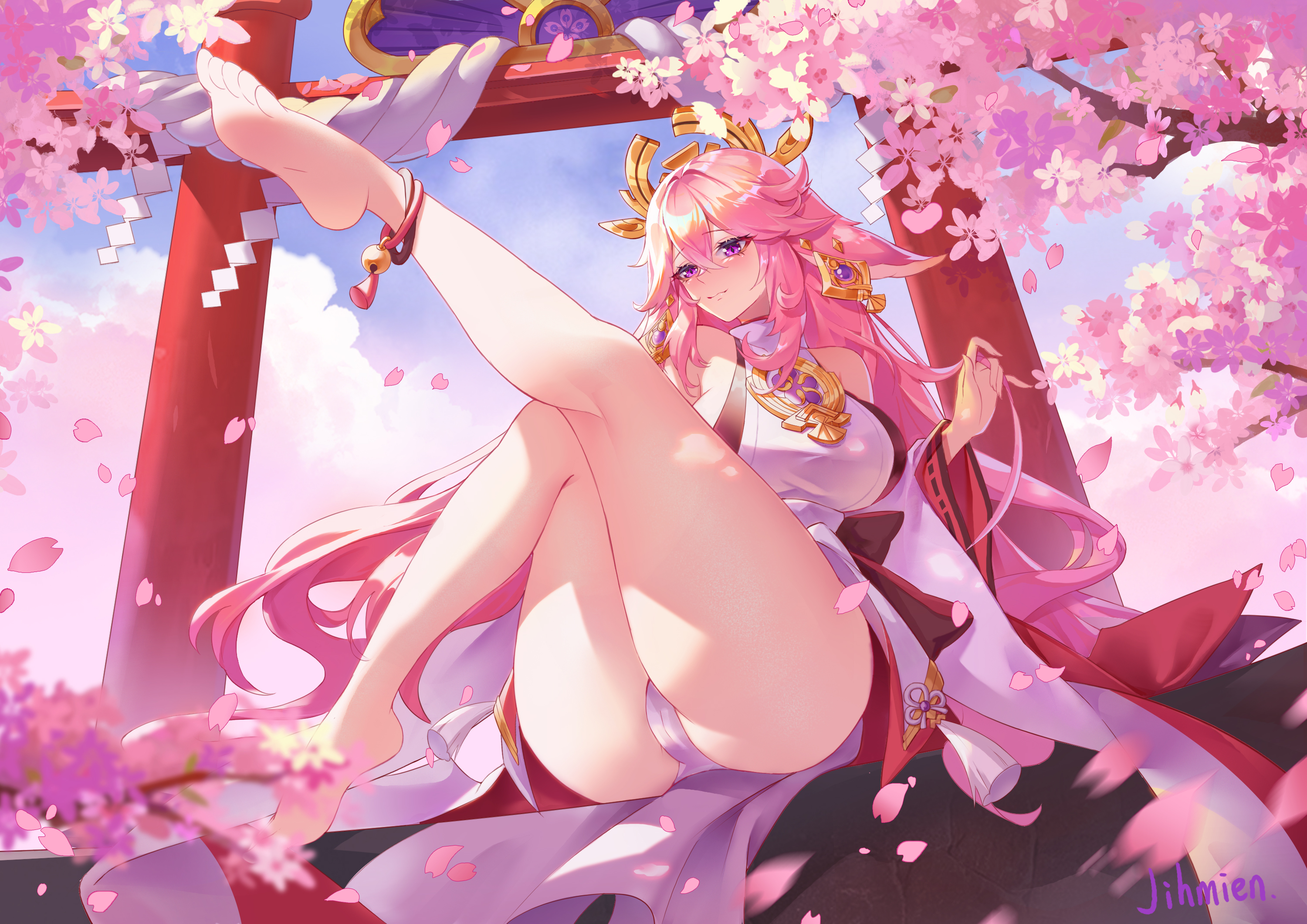 animal ears, anklet, artist request, ass, bare shoulders, barefoot, blush, breasts, cameltoe, come hither, detached sleeves, feet, feet up, female, fox ears, genshin impact, hair ornament, highres, japanese clothes, jewelry, large breasts, legs, long hair, looking at viewer, miko, panties, pink hair, purple eyes, pussy, shiny, shiny hair, shiny skin, smile, solo, underwear, very long hair, yae miko