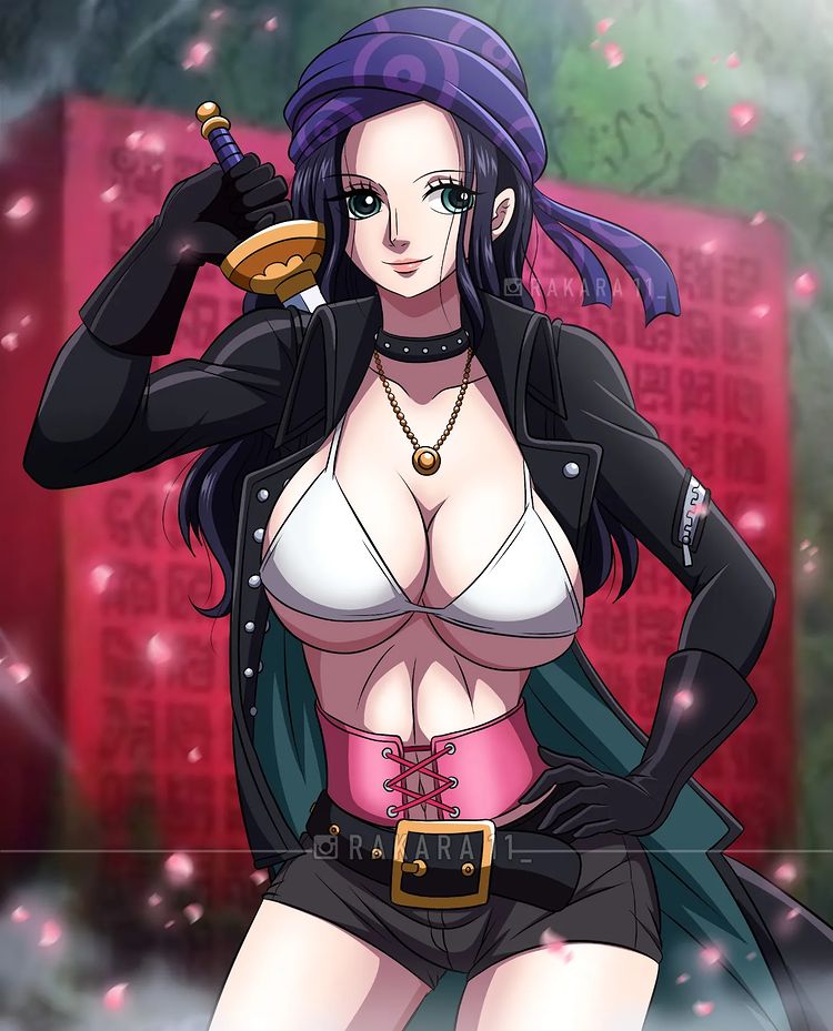 big_breasts black_belt black_gloves black_hair black_jacket black_shorts blue_eyes breasts female female_focus female_only gloves head_scarf legs long_hair necklace nico_robin one_piece pirate post-timeskip rakara11 seductive seductive_eyes seductive_look seductive_pose seductive_smile short_shorts solo sword white_bra