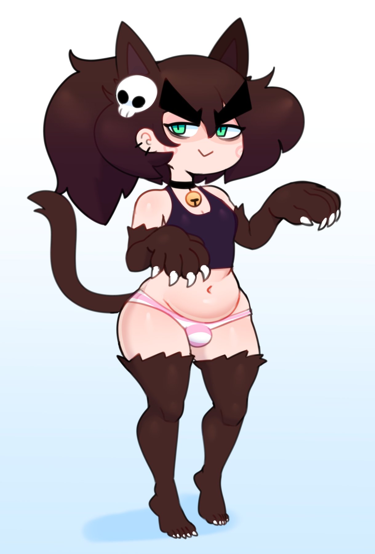1boy, animal ears, bell collar, bulge, cat boy, cat ears, catboy, claws, femboy, looking at viewer, male, male only, malescrub (somescrub), panties, paws, skull hair ornament, smile, solo, somescrub, striped panties, tail