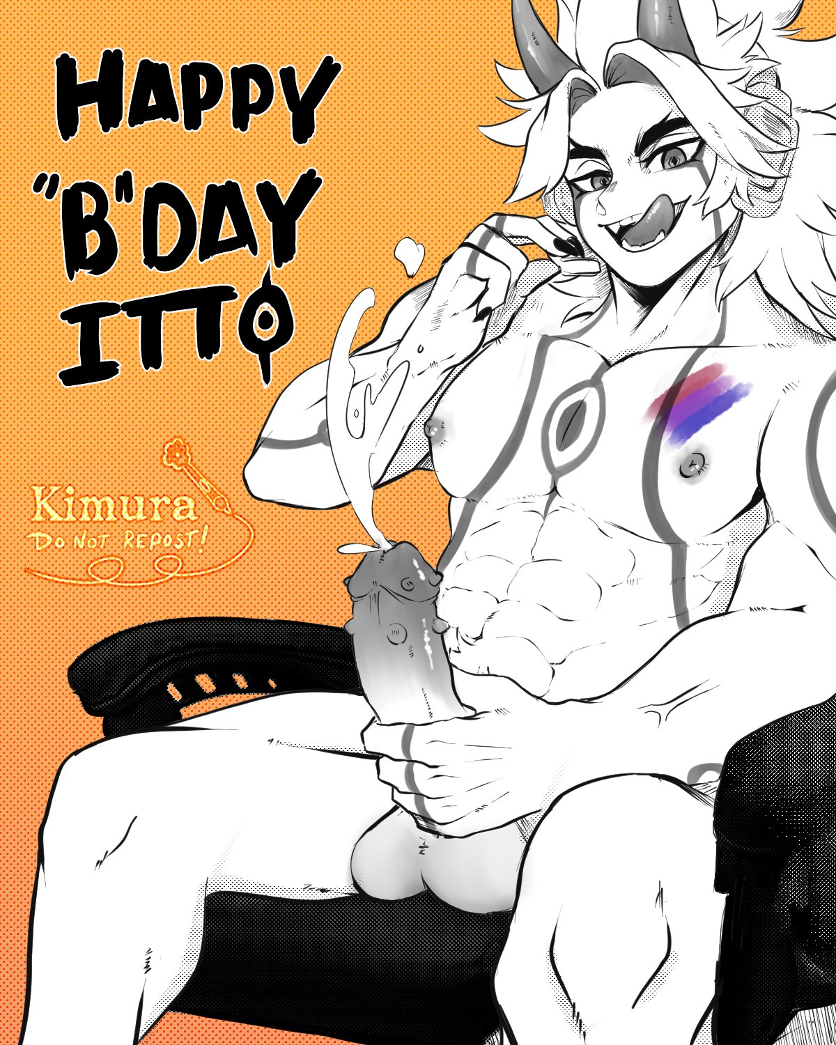 1boy, arataki itto, bisexual, bisexual pride colors, cum, erection, genshin impact, looking at viewer, male, male only, masturbation, muscular, muscular male, seductive look, solo, tagme, tongue, tongue out