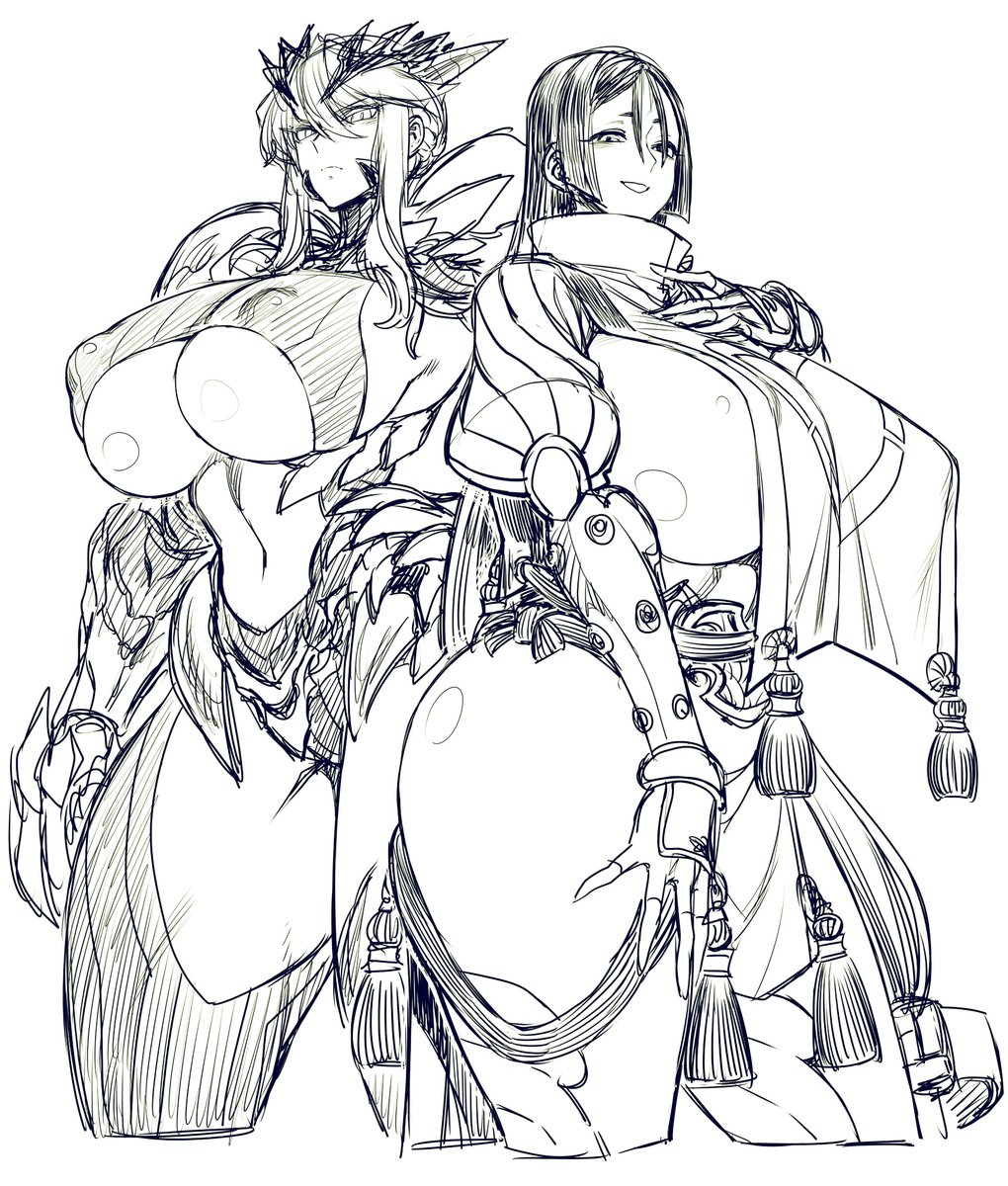 2girls, artoria pendragon, artoria pendragon (lancer alter), artoria pendragon (lancer), breasts, curvaceous, curvy, duo, duo focus, fate (series), female, female focus, female only, hips, huge breasts, long hair, looking at viewer, minamoto no raikou (fate), multiple females, multiple girls, nipple bulge, spacezin, thick thighs, thighs, underboob, voluptuous, wide hips
