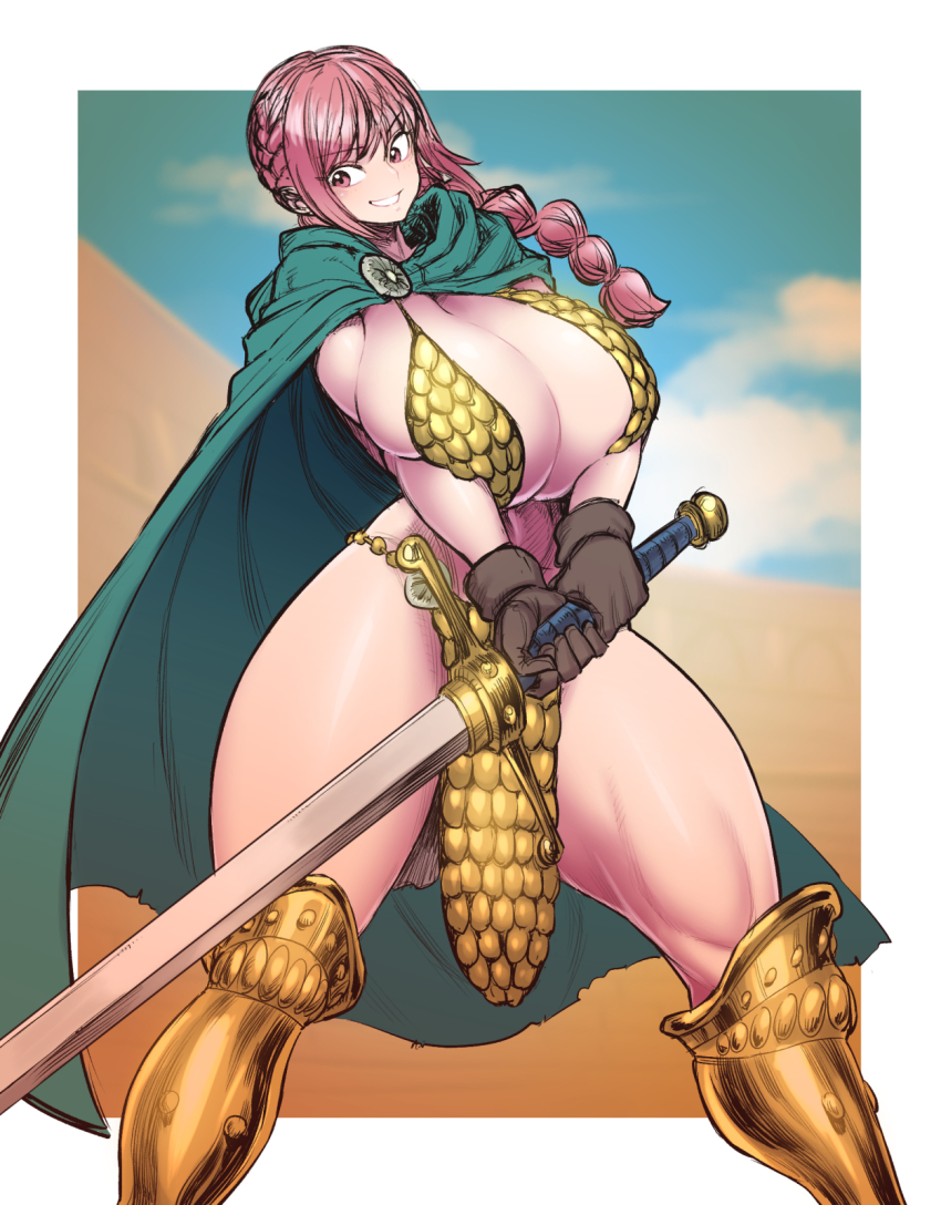 1girls 2020 armor bangs big_breasts bikini bikini_armor blurry_background boots braid braided_hair braided_ponytail breast_squeeze breasts breasts_bigger_than_head cape cleavage clenched_teeth cloak clothing curvy eyebrows_visible_through_hair eyelashes female female_focus female_only gladiator gloves greaves grin handwear hips holding holding_object holding_weapon huge_breasts human large_breasts long_hair looking_down matching_hair/eyes navel one_piece parted_lips pelvic_curtain pink_eyes pink_hair ponytail rebecca_(one_piece) revealing_clothes shounen_jump sideboob skimpy smile solo solo_female solo_focus spacezin swimsuit sword teeth thick thick_thighs thighs tied_hair voluptuous weapon white_border wide_hips