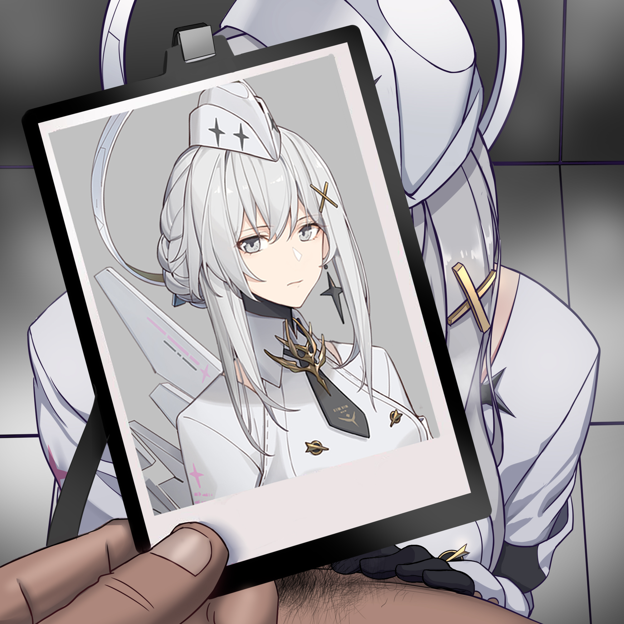 1boy, 1girls, female, hetero, implied fellatio, juxtaposition, liv (punishing: gray raven), male, photo (object), photo comparison, pov, punishing: gray raven, rikka
