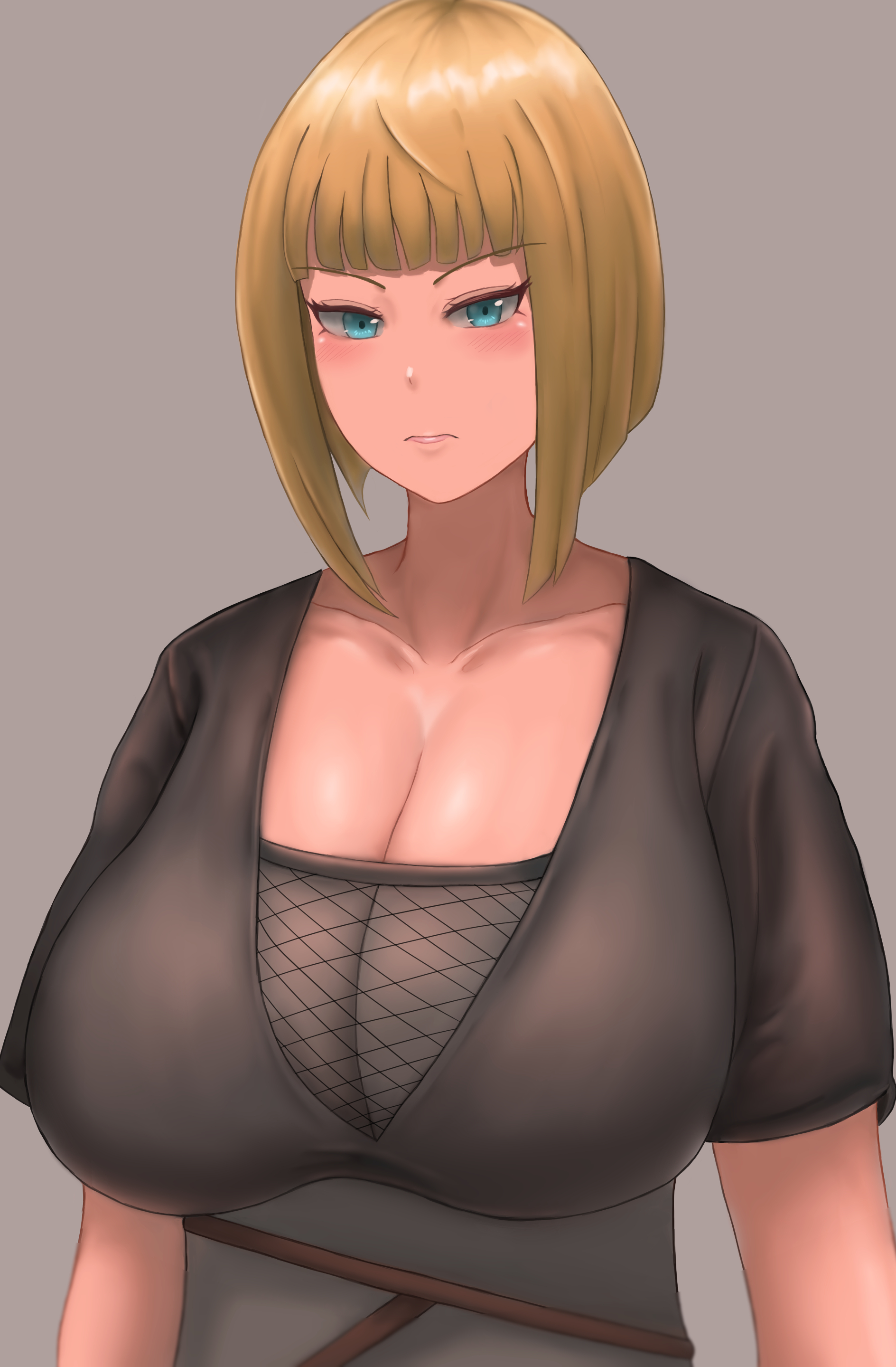1girls, bare chest, big breasts, blue eyes, blunt bangs, bob cut, breasts, bust, busty, center opening, cleavage, clothed, clothed female, eyebrows, eyebrows visible through hair, female, female only, fishnet, fishnet shirt, fishnet topwear, huge breasts, kimono, kunoichi, kuri (artist), large breasts, light skin, light-skinned female, looking at viewer, mature, mature female, mesh, mesh shirt, naruto, naruto (series), naruto shippuden, ninja, no bra, oppai, sagging breasts, samui, sash, shiny, shiny hair, shiny skin, shirt, shoulder length hair, skin tight, skindentation, solo, solo female, solo focus, upper body