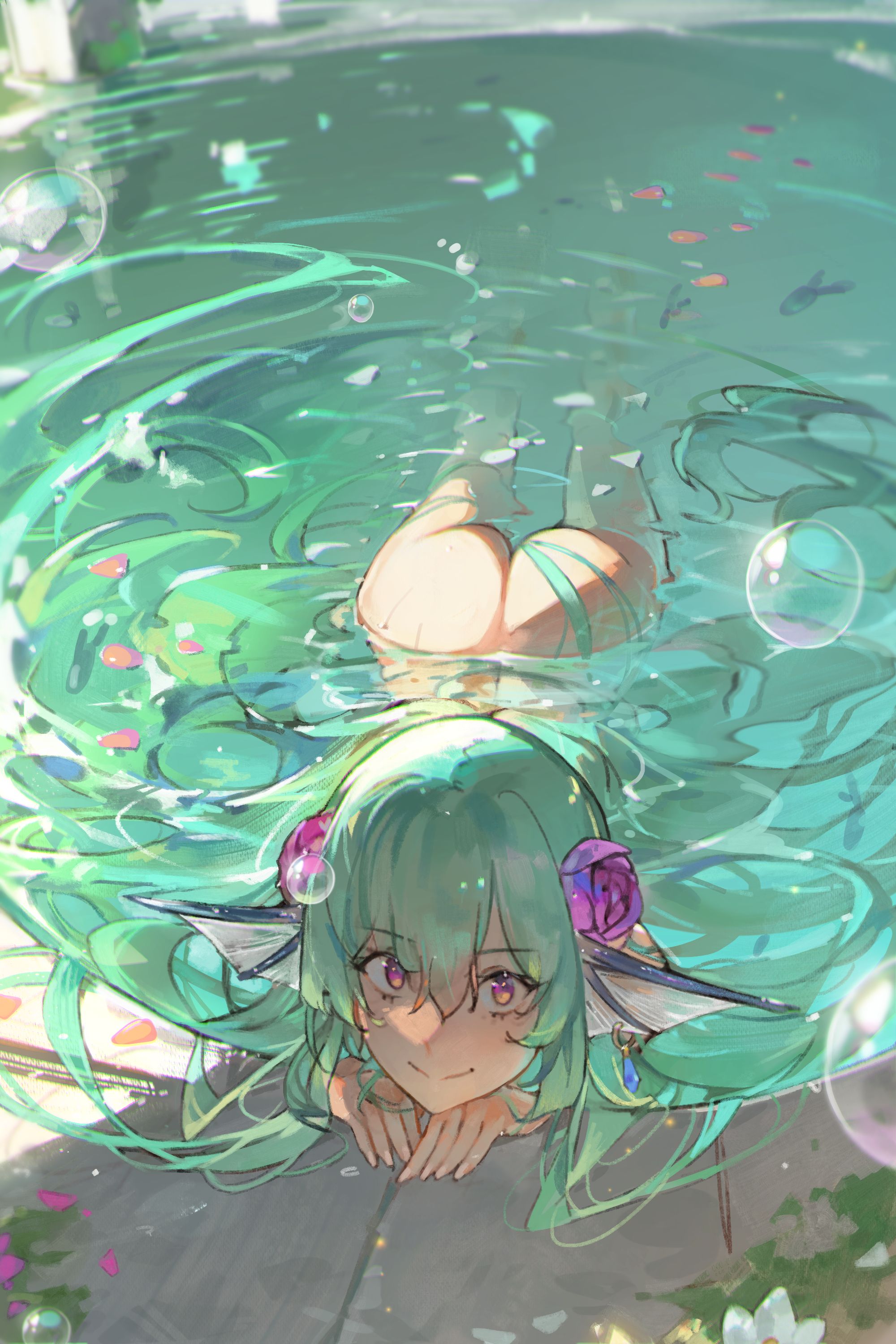 ass, bubbles, female, finana ryugu, fish girl, flower in hair, green hair, nijisanji, nijisanji en, on water, purple eyes, virtual youtuber, water, wet