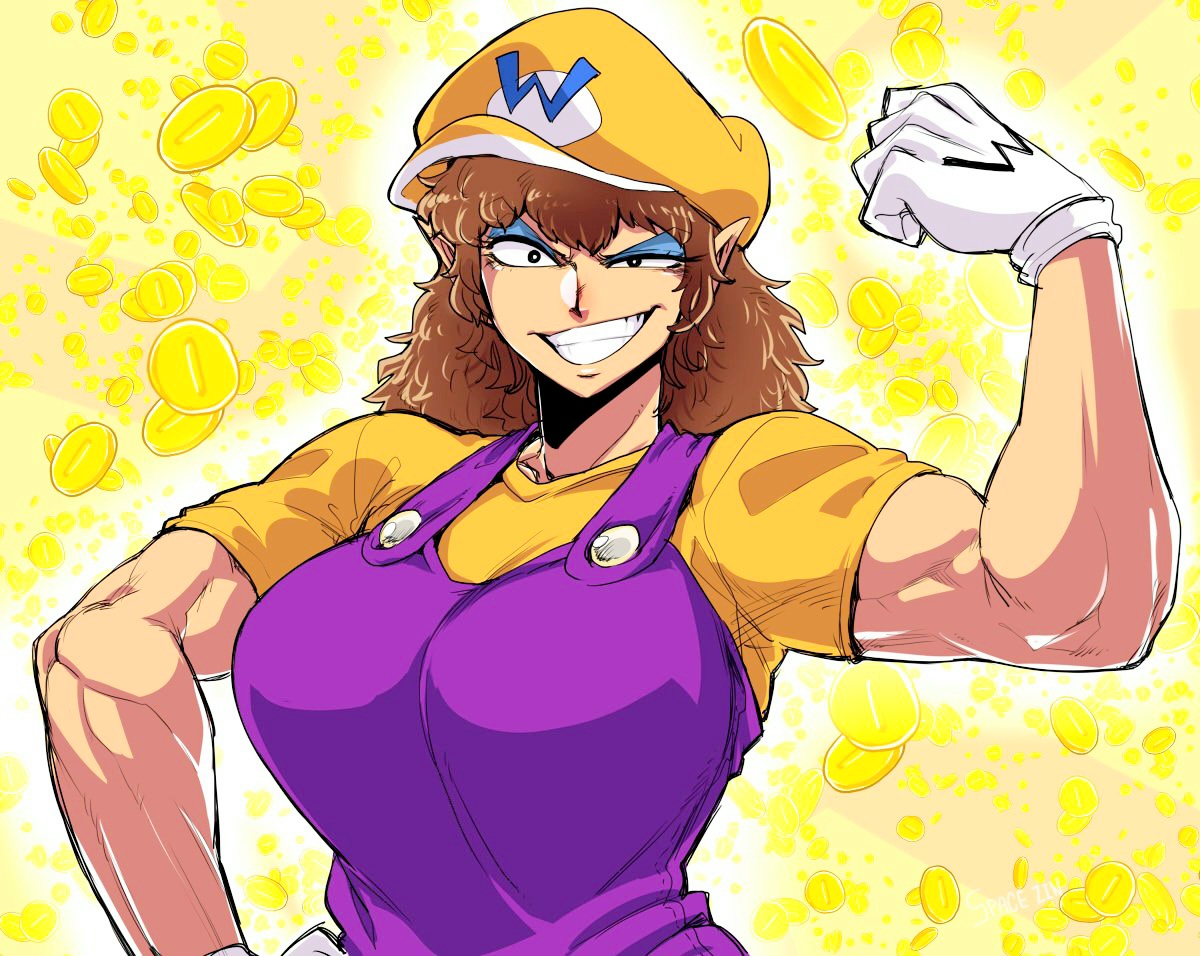 1girls, biceps, big breasts, black eyes, blue eyeshadow, breasts, brown hair, coins, eyeshadow, female, flexing, fully clothed, genderswap, huge breasts, large breasts, mario (series), muscular, muscular female, nintendo, rule 63, spacezin, super mario bros., tagme, wariette, wario, yellow background