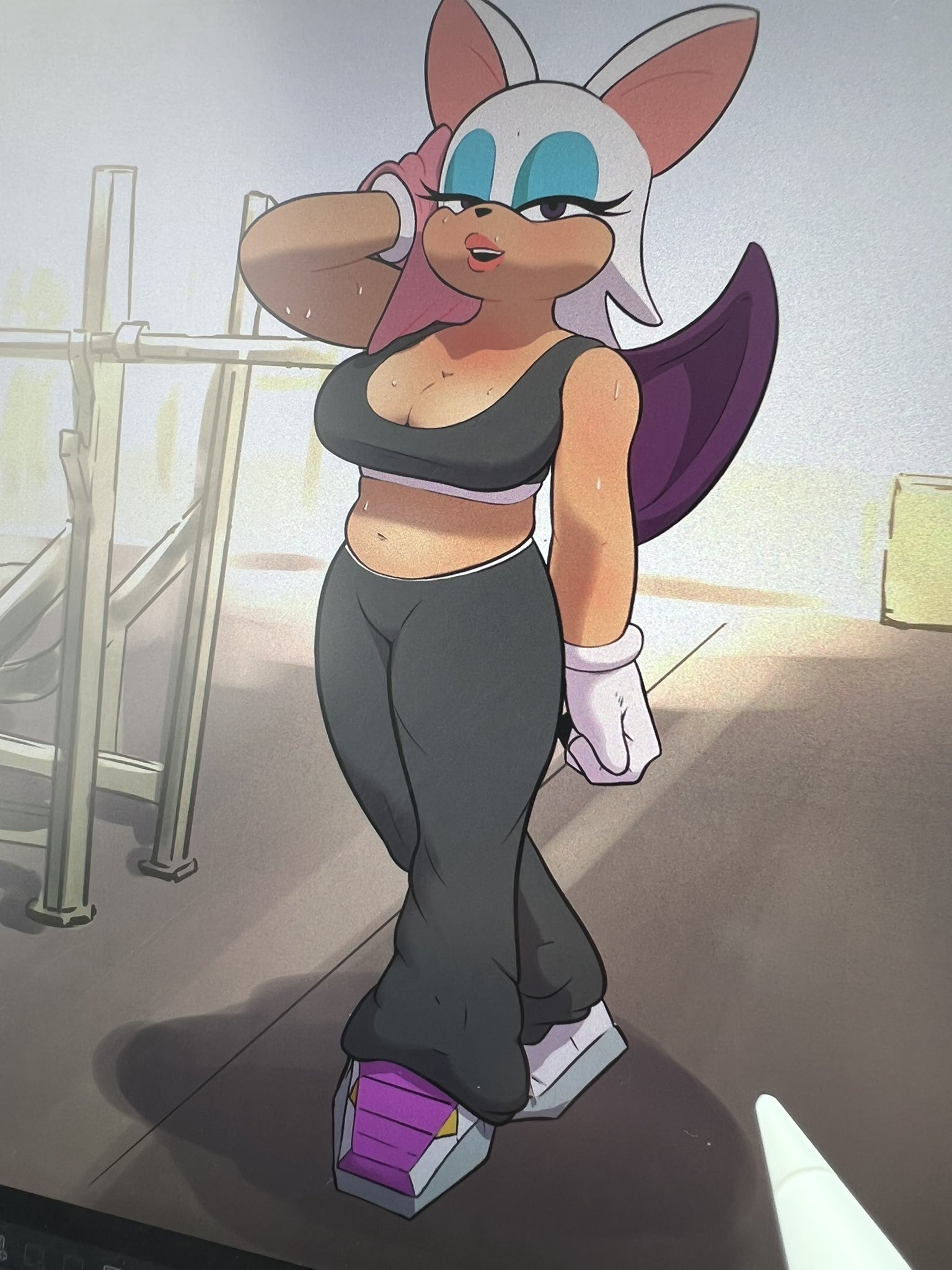 1girls, 2d, 2d (artwork), animal humanoid, baggy pants, bat, bat ears, bat wings, breasts, chubby, cleavage, curvy female, curvy figure, digital media (artwork), eyelashes, eyeshadow, female, gloves, gym, indoors, mario and sonic at the olympic games, mobian, mobian (species), mobian bat, nubiananan, rouge the bat, rouge the bat (olympic games), sega, solo, sonic (series), sonic adventure 2, sonic the hedgehog (series), sports bra, sweat, sweating, tagme, towel