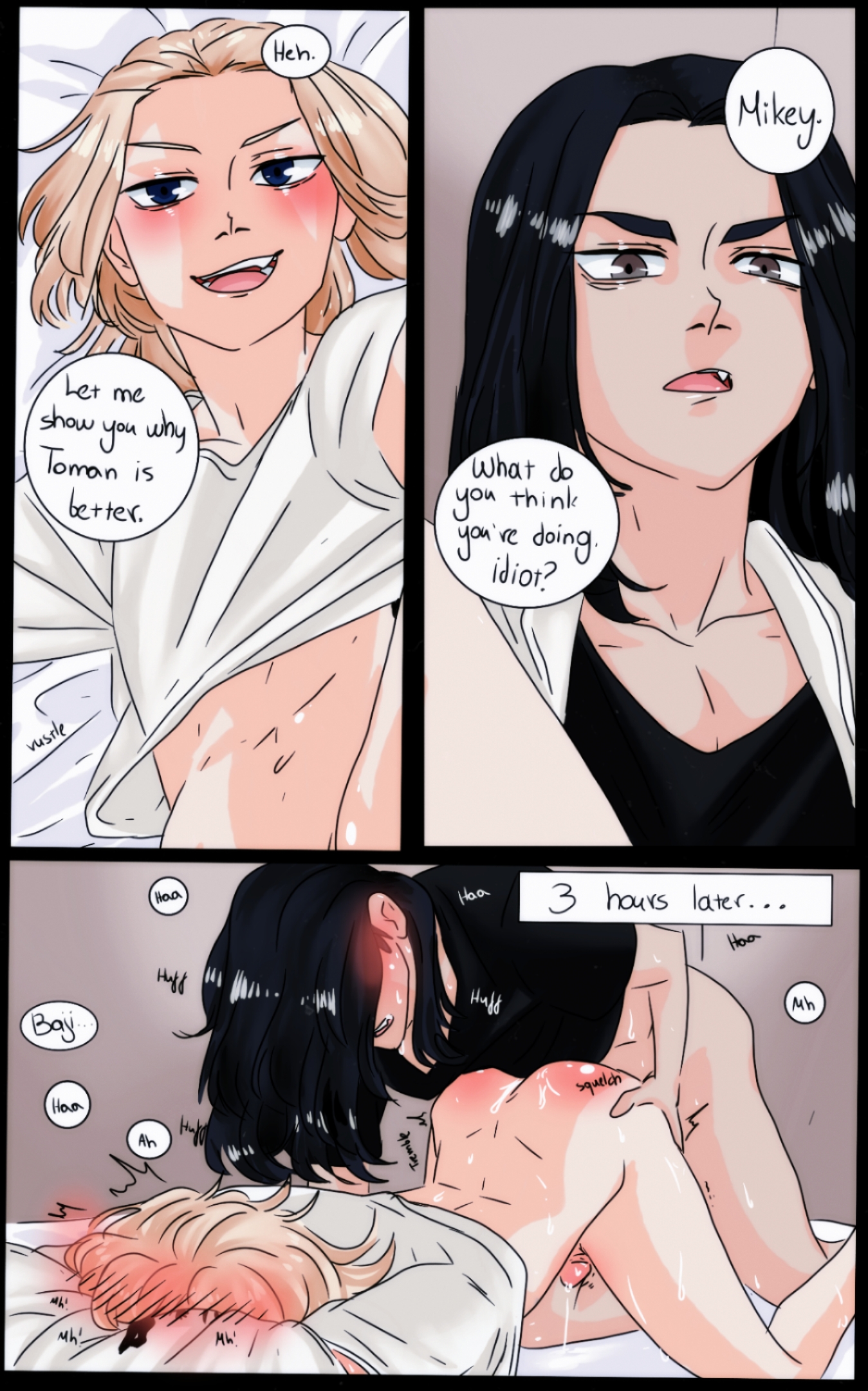 anal, anal orgasm, anal penetration, anal sex, anime style, ass, baji keisuke, black hair, blonde hair, blue eyes, blush, blushing, brown eyes, colored, comic, cum, cum in ass, cum inside, cum while penetrated, cumming, cumming from anal sex, cumming together, dialogue, digital media (artwork), english text, female, fucked silly, gay, grey eyes, madmancomedy, male, male only, male penetrated, male penetrating, male penetrating male, male/female, male/male, manjiro sano, mikey (tokyo revengers), moan, moaning, moaning in pleasure, sex, sex from behind, sweat, sweating, tokyo manji gang, tokyo revengers, toman, yaoi