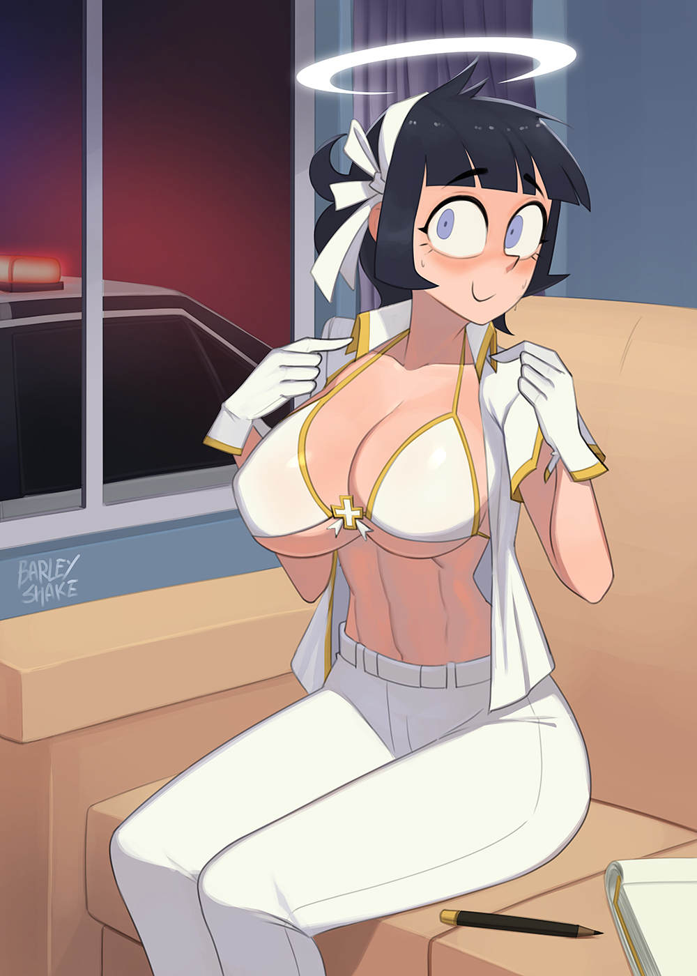 angel azazel_(helltaker) barleyshake belly big_breasts bra cop_car gold_trim halo helltaker notebook notepad pencil pencil_(object) police_car showing_breasts white_clothing white_outfit