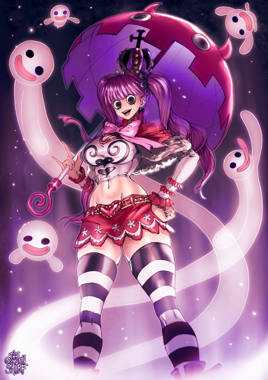 1girls, bangs, black eyes, clothing, female, female only, ghost, goth, hand on hip, hi res, long hair, looking at viewer, one piece, perona, pink hair, pink lips, pink-haired female, smiling, smiling at viewer, solo, solo female, striped legwear, striped thighhighs, thegoldensmurf, thick thighs, thigh squish, thighhighs, twintails, umbrella