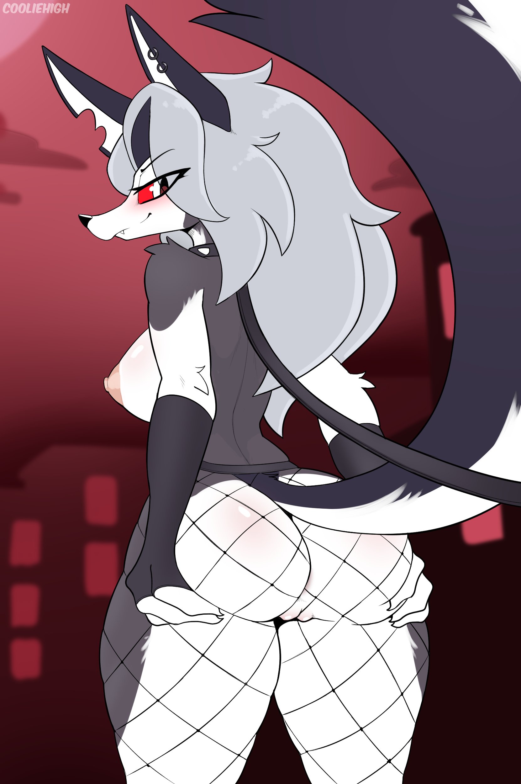 anthro, anthro only, areolae, artist name, ass, back view, big ass, big breasts, blush, breasts, collar, cooliehigh, dog leash, ear piercing, female, fishnets, fluffy, fluffy tail, grabbing own ass, grey fur, hellhound, helluva boss, leash, long hair, looking at viewer, looking back, looking pleasured, loona (helluva boss), mesh clothing, nipples, presenting, presenting ass, presenting pussy, pussy, red eyes, sideboob, silver hair, smile, smiling at viewer, spiked collar, spread pussy, tail, thick thighs, white fur, wide hips