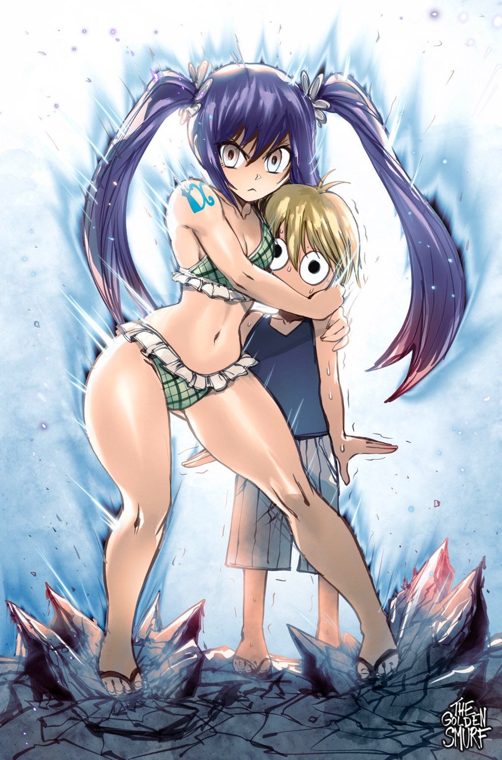 1boy, 1girls, bikini, blue hair, blue tattoo, blue-haired female, brown hair, cait shelter mark, colored, fairy tail, female, hi res, holding head, male, shocked, shoulder tattoo, tattoo, thegoldensmurf, thick thighs, wendy marvell