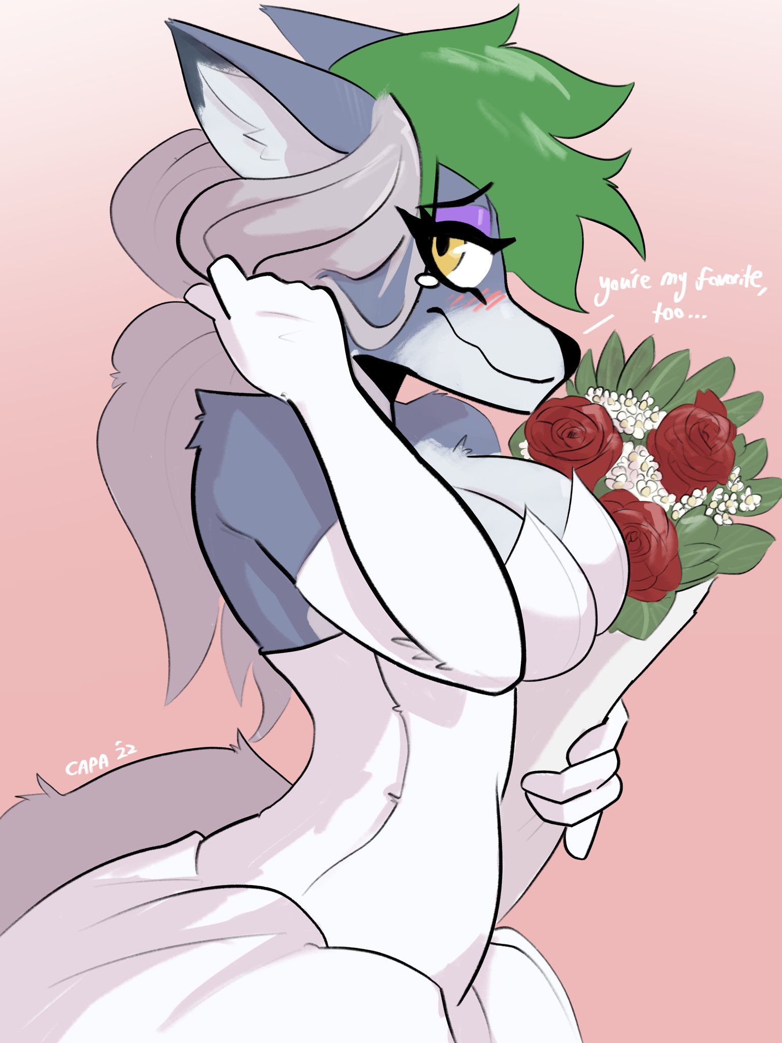 2022, 2d, 2d (artwork), 2d artwork, big breasts, blush, breasts, canid, canine, canis, capaoculta, cleavage, clothed, clothing, dialogue, english text, female, five nights at freddy's, five nights at freddy's: security breach, fnaf, fur, furry, furry only, hi res, roxanne wolf (fnaf), scottgames, solo, steel wool studios, tagme, text, wedding dress, wholesome
