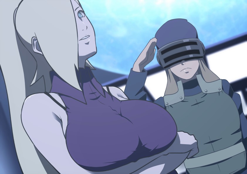 1boy, 1girls, alternate breast size, arms under breasts, bare shoulders, big breasts, blue eyes, boruto: naruto next generations, breast focus, breasts, crossed arms, dress, eeshin (eishin5584), female, hair over one eye, huge breasts, human, ino yamanaka, long hair, looking at viewer, male, mature, mature female, milf, naruto, naruto (series), ponytail, smile, strap slip, tight, tight dress