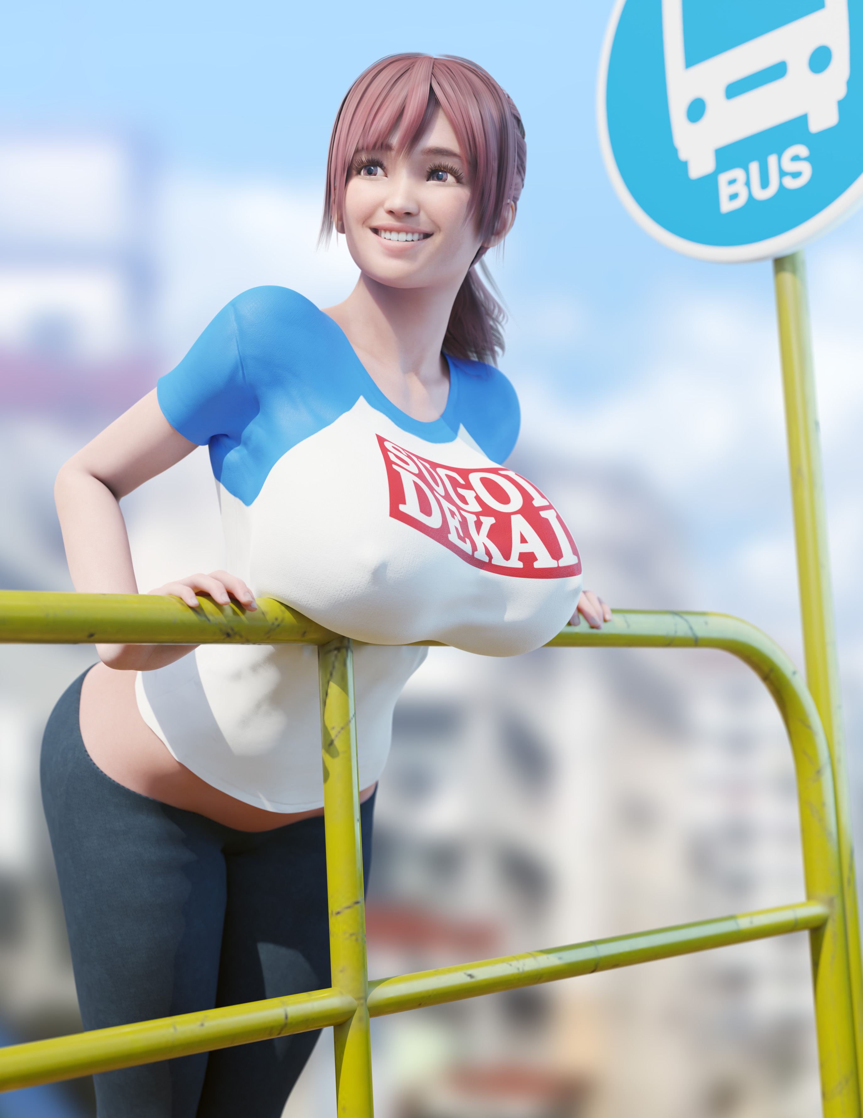 1girls, 3d, batesz, big breasts, blender, breast rest, breasts, dead or alive, female, female only, honoka (doa), huge breasts, solo, sugoi dekai, t-shirt, uzaki hana (cosplay), uzaki-chan wa asobitai!
