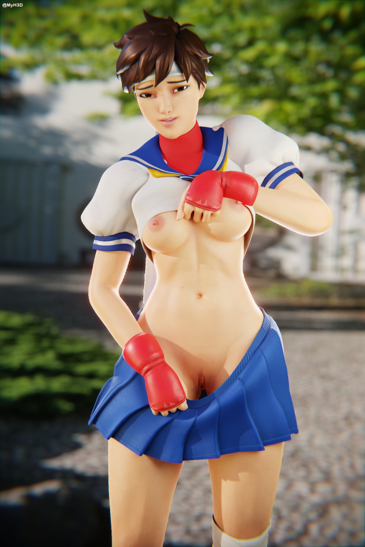 3d breasts female flashing flashing_breasts flashing_pussy fortnite myh3d nipples pulling_down_skirt pussy sakura_kasugano skirt_pull street_fighter street_fighter_v