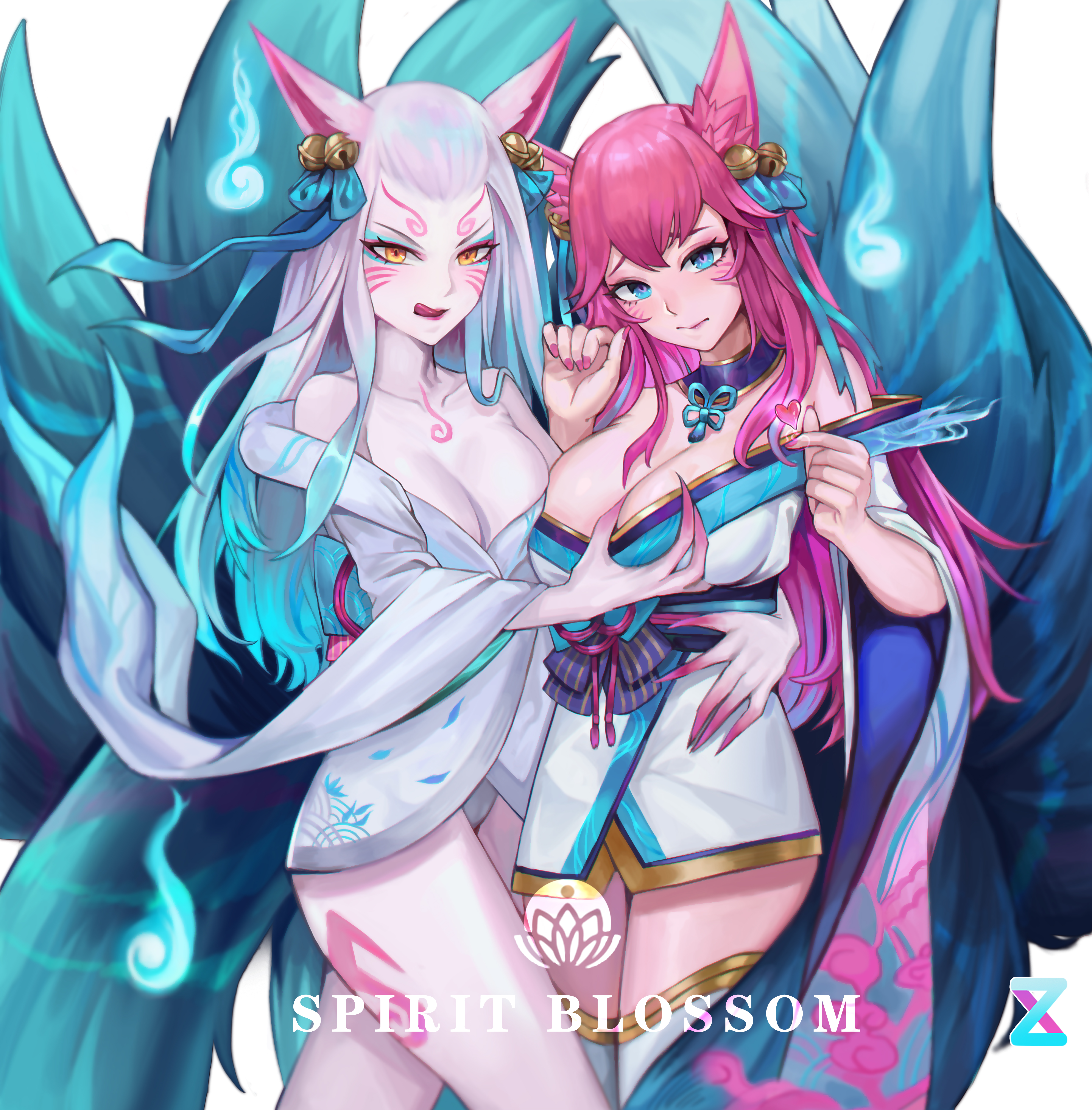 ahri, alternate costume, alternate hair color, alternate hairstyle, animal ear fluff, animal ears, animal girl, bangs, bell, big breasts, blue eyes, blush, blushing at viewer, breast grab, breast squeeze, breasts, busty, choker, cleavage, clothing, curves, curvy, curvy body, curvy female, curvy figure, curvy hips, eyelashes, eyeliner, eyeshadow, facial markings, female, fluffy, fluffy ears, fluffy tail, fluffy tails, fox, fox ears, fox girl, fox tail, furry tail, grin, groping breasts, hair ornament, hair ribbon, hips, hourglass figure, humanoid, inner ear fluff, japanese clothes, kemonomimi, kimono, kitsune, lan xiezi, large breasts, league of legends, licking lips, light skin, light-skinned female, lips, lipstick, long hair, multi tail, nine tailed fox, pale skin, pale-skinned female, pink hair, riot games, robe, seduction, seductive, seductive eyes, seductive look, seductive smile, simple background, smile, smiling, smiling at viewer, spirit blossom ahri, spirit blossom series, suggestive, tail, tease, teasing, teasing viewer, thighs, vastaya, video games, white hair, yellow eyes