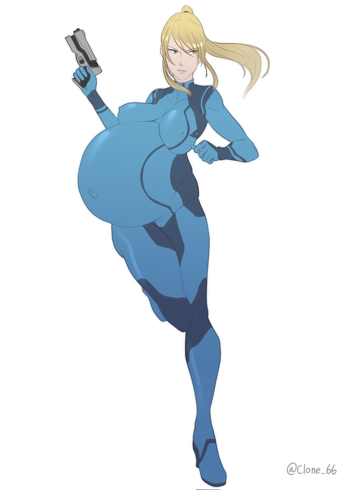 action pose, bangs, big belly, blonde hair, breasts, casual, clone66, drooping breasts, female, firearm, green eyes, gun, handgun, heavily pregnant, human, large belly, long bangs, metroid, nintendo, nipples through clothes, nipples visible through clothing, pale skin, pistol, ponytail, pregnant, ready to pop, running, samus aran, serious look, torpedo belly, weapon, zero suit, zero suit samus