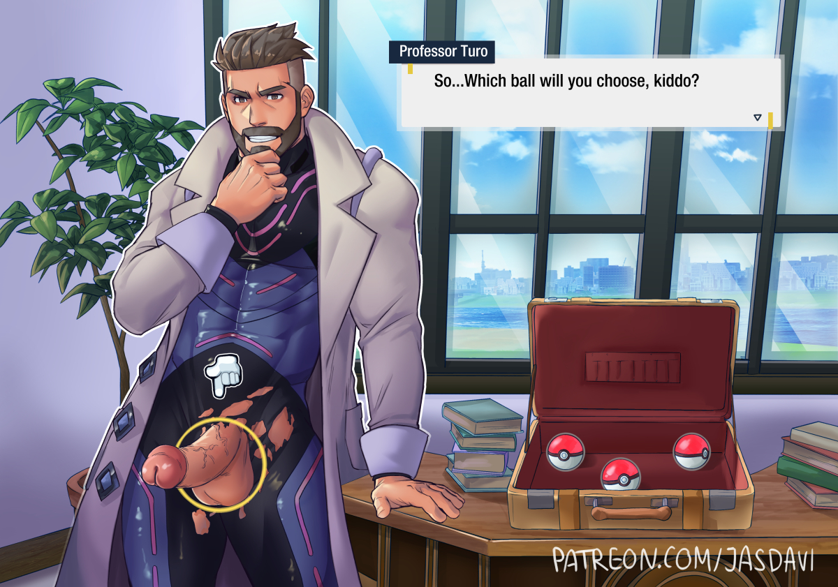 1boy, beard, boner, clothed, clothing, dialogue, erect penis, erection, facial hair, gay, gay male, hard on, jasdavi, male, male only, muscles, muscular, muscular male, open coat, penis, penis out, pokeballs, pokemon, pokemon sv, professor turo, ripped clothing, ripped pants, smirking, veiny penis, yaoi