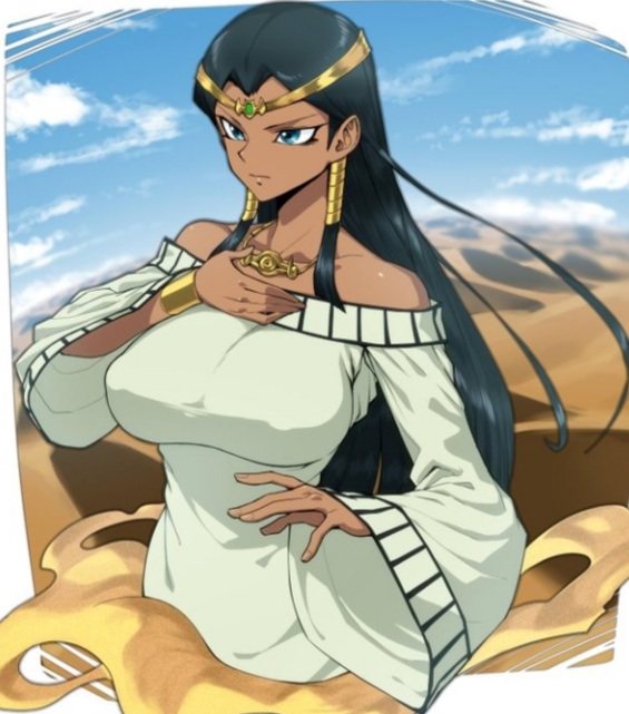 1girls, big boobs, big breasts, black hair, blue eyes, breasts, clothed female, clouds, colored, dark skin, dark-skinned female, desert, egyptian, female, female only, golden bracelet, isis ishtar, long hair, necklace, sand, sky, solo female, spacezin, uncensored, voluptuous, yu-gi-oh!