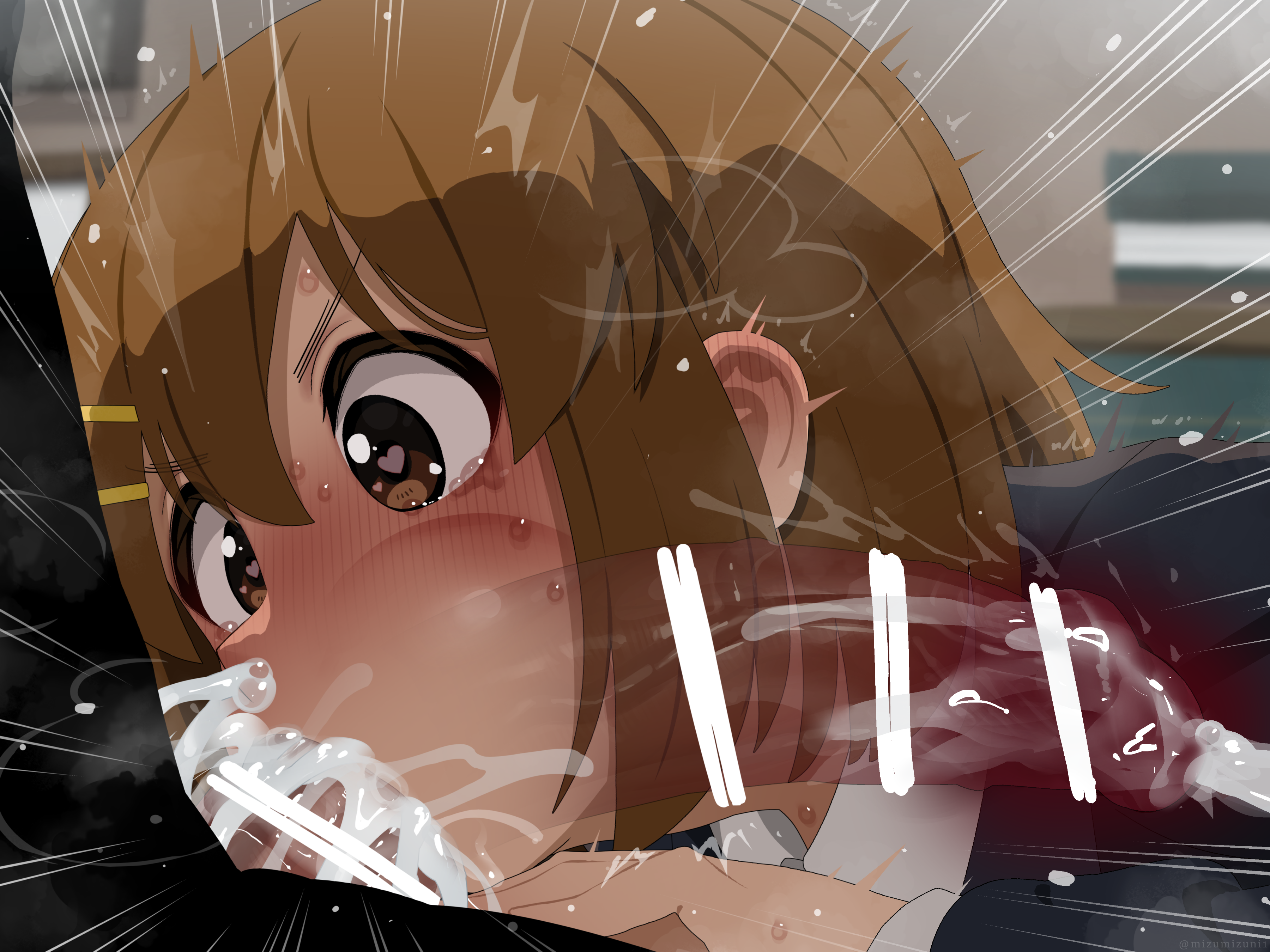 1boy, 1girls, big penis, blowjob, blush, brown hair, censor bar, censored, cum, cum in mouth, cum in throat, cum out nose, deepthroat, erection, fellatio, female, heart-shaped pupils, huge cock, k-on!, large penis, male, mizumizuni, oral, penis, school uniform, schoolgirl, short hair, veiny penis, visible breath, x-ray, yui hirasawa (k-on!)