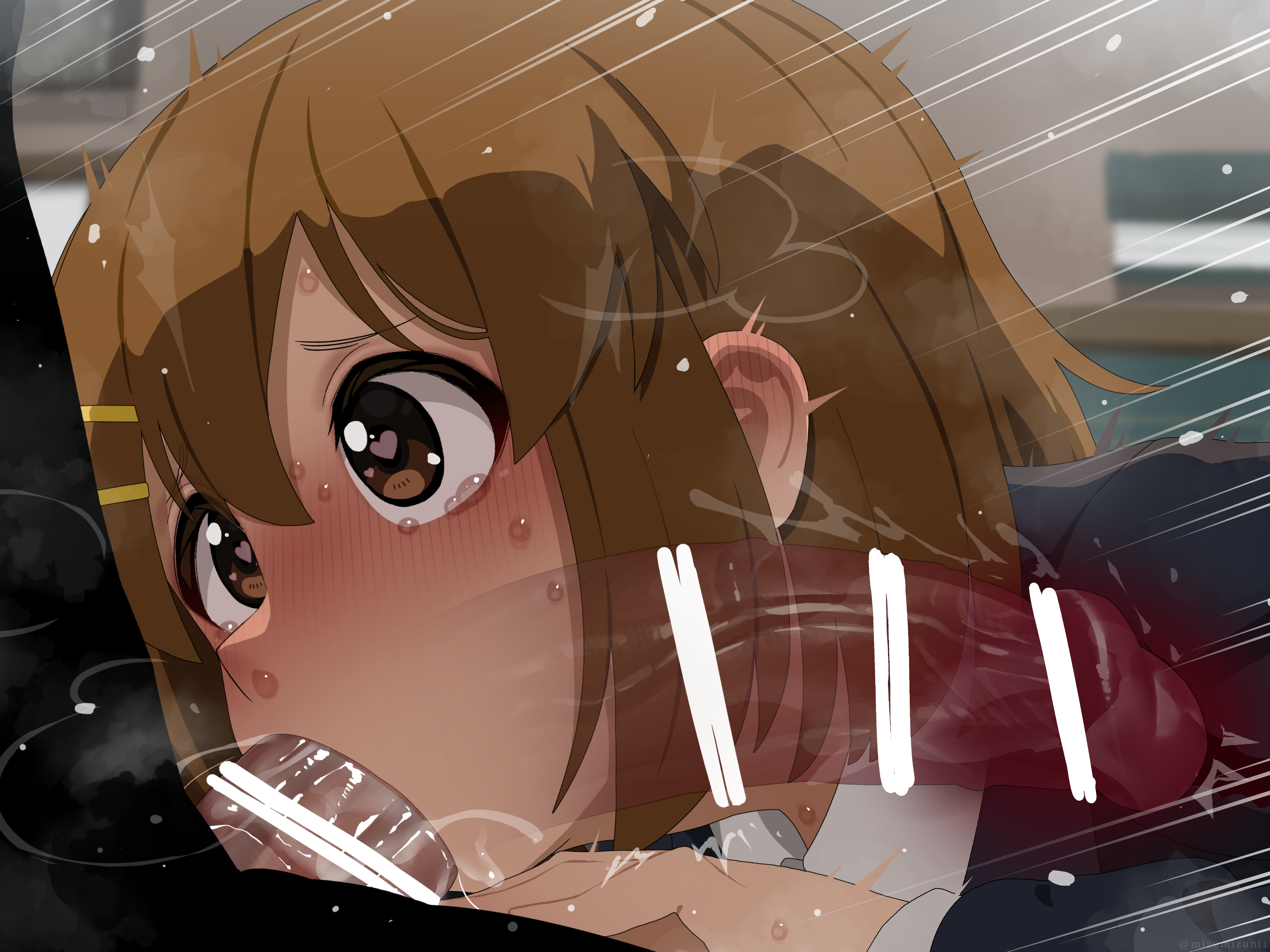 1boy, 1girls, big penis, blowjob, blush, brown hair, censor bar, censored, deepthroat, erection, fellatio, female, heart-shaped pupils, huge cock, k-on!, large penis, male, mizumizuni, oral, penis, school uniform, schoolgirl, short hair, veiny penis, visible breath, x-ray, yui hirasawa (k-on!)