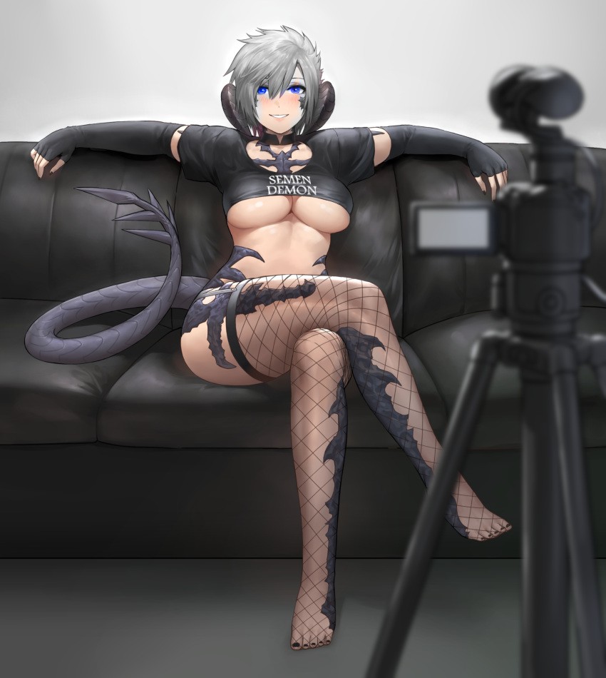 1girls, artist request, au ra, black clothing, blue eyes, blush, breasts, camera, casting couch, feet, female, filming, final fantasy, final fantasy xiv, fishnets, gloves, grey hair, huge breasts, large breasts, looking at viewer, nail polish, silver hair, smile, smiling, smiling at viewer, square enix, stockings, tagme, tail, thick thighs, thighhighs, thighs, white hair, xaela