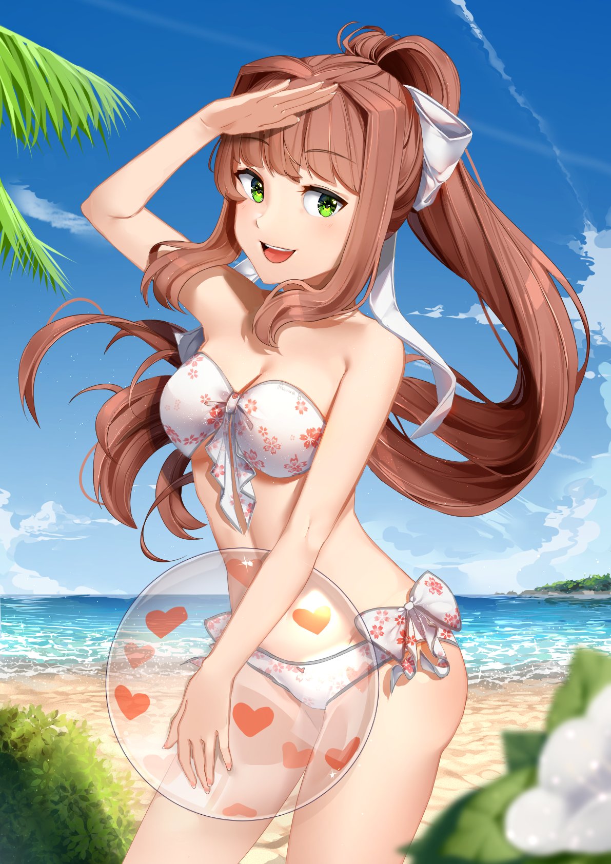 ball beach bikini blue_sky bow_in_hair doki_doki_literature_club green_eyes monika_(doki_doki_literature_club) ponytail sand sasoura side-tie_bikini water white_bow