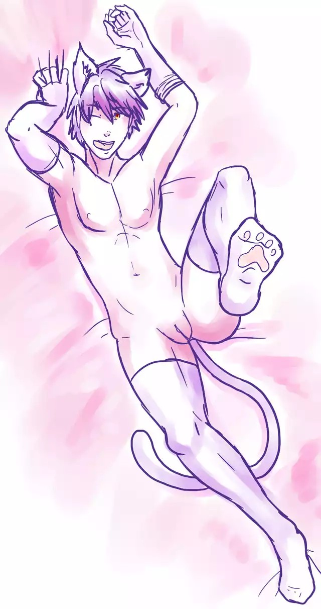 1boy cat_boy cat_ears cat_tail catboy cuntboy elbow_gloves intersex one_eye_closed paw_socks purple_hair pussy smile solo thighhighs xxxx52