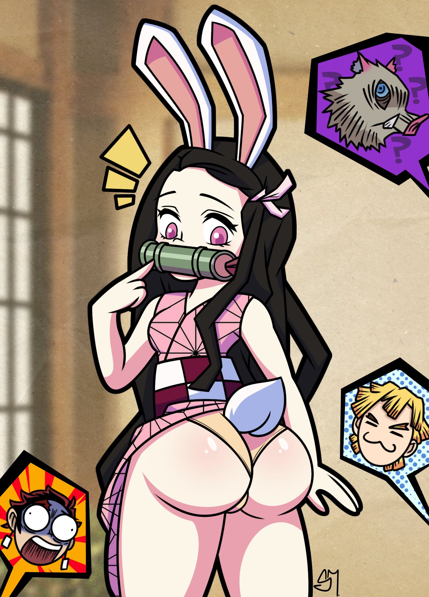 :3, ?, 1girls, 3boys, ass, big ass, black hair, black-haired female, bunny ears, demon slayer, female, inosuke hashibira, kamado nezuko, kamado tanjirou, kimetsu no yaiba, male, semidraws, tagme, zenitsu agatsuma