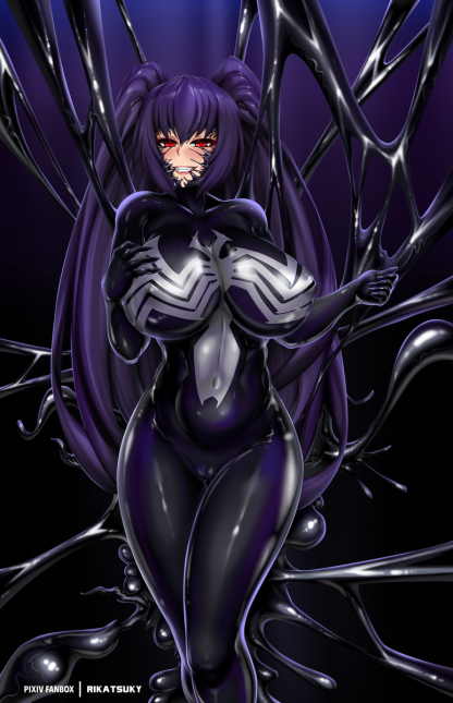 2022 big_breasts black_hair bodysuit breasts compile_heart corruption female female_focus female_only goo goo_creature idea_factory marvel marvel_comics neptunia_(series) noire red_eyes rikatsuky spider-man_(series) symbiote twintails venom venom_(marvel)