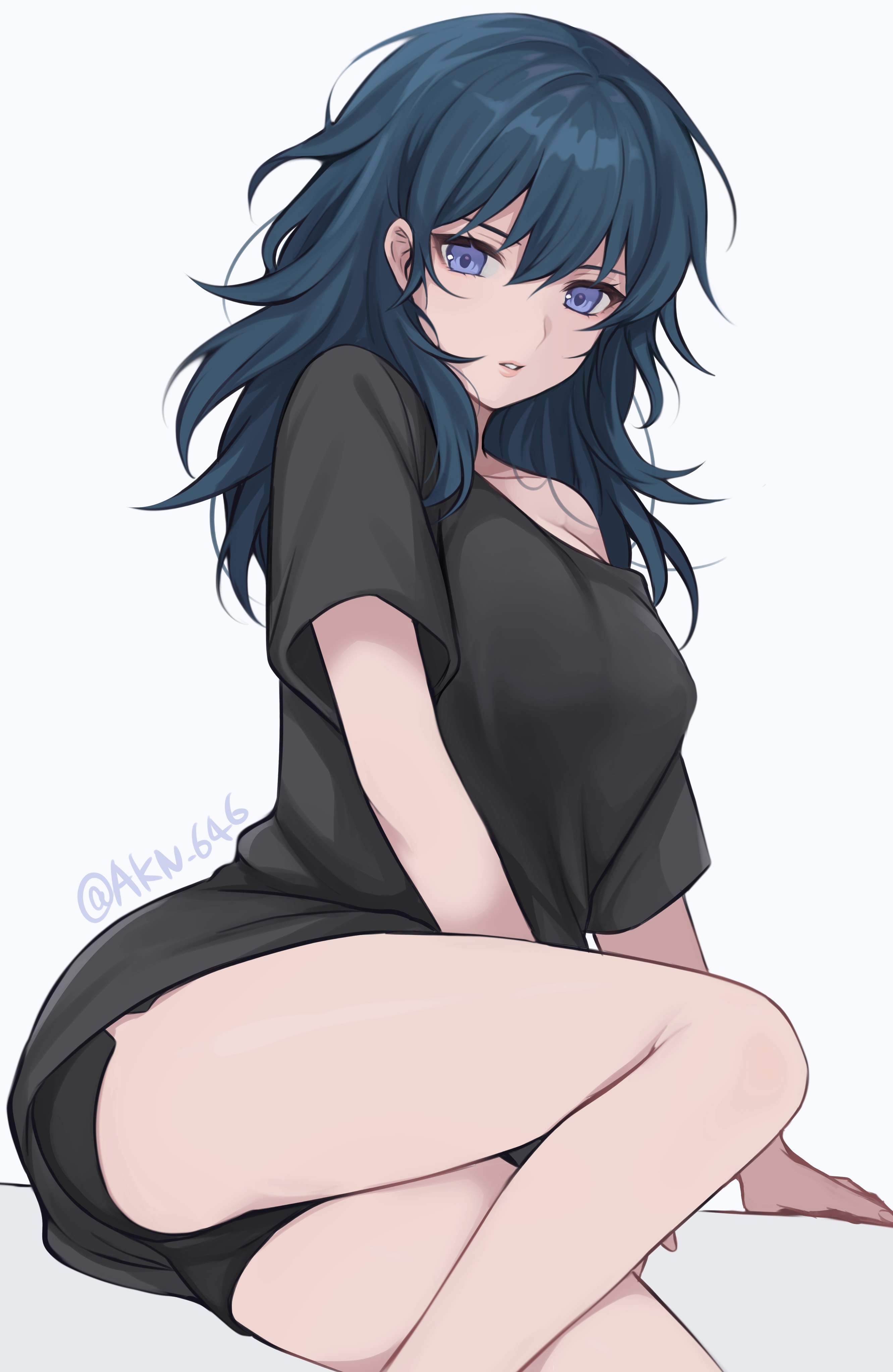 1girls, ass, black shirt, blue eyes, breasts, byleth (fire emblem), byleth (fire emblem) (female), female, fire emblem, fire emblem: three houses, hi res, legs, looking at viewer, medium hair, messy hair, nintendo, panties, shimizu akina, short sleeves, shoulders, solo, t-shirt, teal hair, thighs, white background