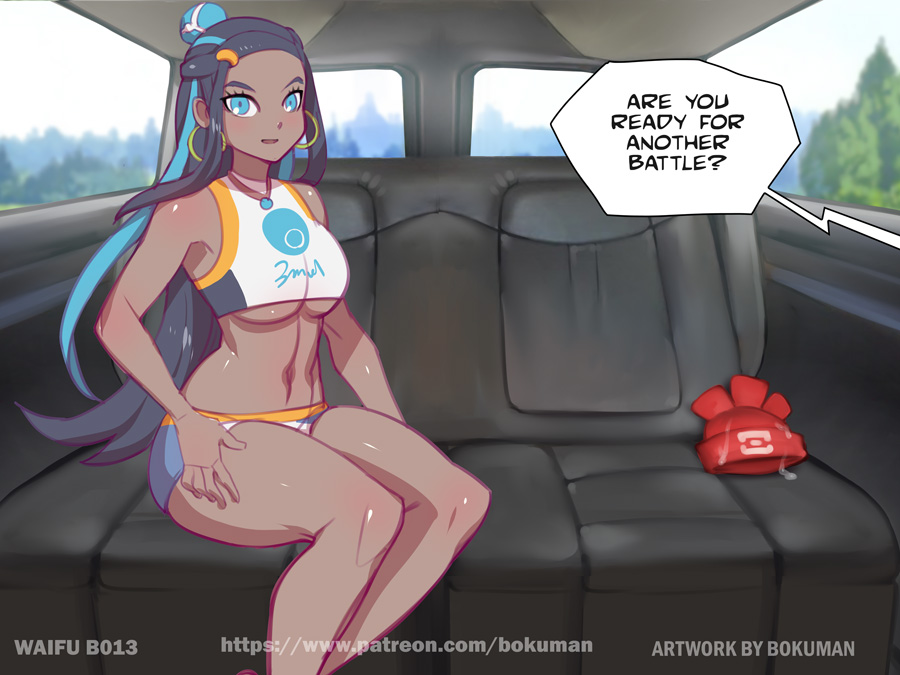 bokuman casting_couch dark-skinned_female dark_skin fake_taxi gym_leader nessa_(pokemon) nintendo pokemon pokemon_ss shorts thick_thighs underboob