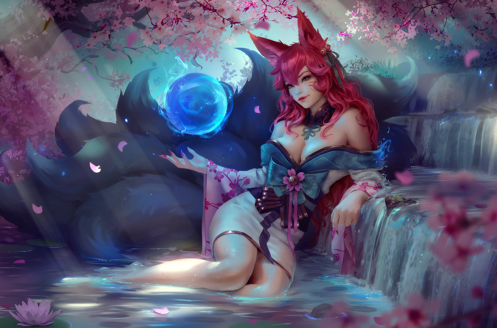 ahri, alternate costume, alternate hair color, alternate hairstyle, animal ear fluff, animal ears, animal girl, bangs, beckoning, bell, big breasts, blue eyes, breasts, busty, cherry blossoms, child bearing hips, choker, cleavage, clothing, curvaceous, curves, curvy, curvy body, curvy female, curvy figure, curvy hips, detailed background, elegance, elegant, eyelashes, eyeliner, eyeshadow, facial markings, female, fluffy, fluffy ears, fluffy tail, fluffy tails, forest, fox, fox ears, fox girl, fox tail, furry tail, glistening, glistening body, glistening breasts, glistening hair, glistening skin, hair ornament, hair ribbon, hips, hourglass figure, humanoid, inner ear fluff, japanese clothes, kemonomimi, kimono, kitsune, large breasts, league of legends, light skin, light-skinned female, lips, lipstick, long hair, magic, multi tail, nature, nine tailed fox, orb, outdoors, pale skin, pale-skinned female, pink hair, pose, posing, riot games, robe, smile, smiling, spirit, spirit blossom ahri, spirit blossom series, tail, thick thighs, thighs, vastaya, video games, waterfall, zarory