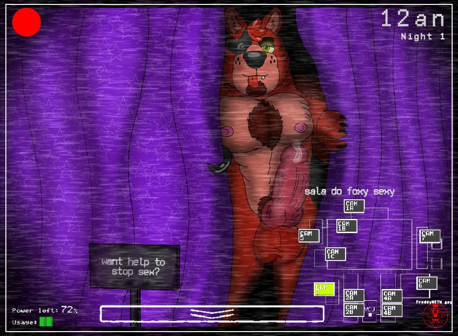 animal_genitalia animal_penis anthro balls bara barazoku canid canine canine_penis chest_tuft curtains curtains_open english_text eye_patch eyewear five_nights_at_freddy's fox foxy_(fnaf) freddynetwgay genitals himbo knot male male_only mammal nipples pecs penis pirate pirate_cove scottgames solo text tongue tongue_out tuft video_games