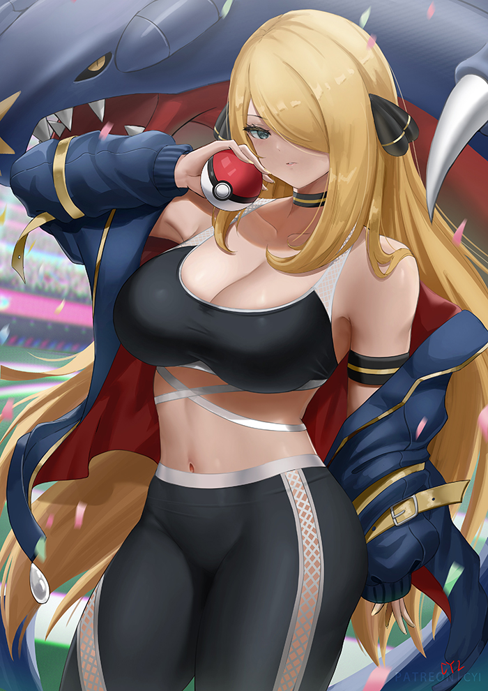 1girls 1pokemon 2022 alternate_breast_size blonde_hair breasts cleavage clothed clothed_female cyi cyicheng cynthia_(pokemon) female fit fit_female garchomp hair_ornament hair_over_one_eye hips holding_object jacket large_breasts long_hair nintendo outdoors pokeball pokemon pokemon_(species) pokemon_dppt slim_waist sports_bra sportswear thick_thighs thighs wide_hips yoga_pants