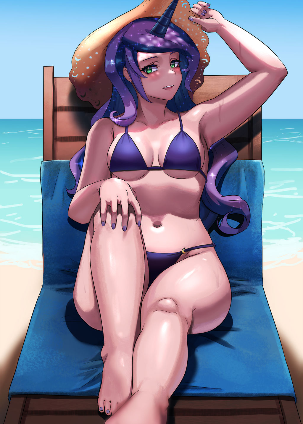 1girls armpits barefoot beach bikini breasts cleavage equestria_girls feet female female_only friendship_is_magic green_eyes hasbro hat horned_humanoid humanized iojknmiojknm looking_at_viewer medium_breasts my_little_pony navel princess_luna_(mlp) purple_hair seaside solo solo_female sun_hat sunbathing sunhat