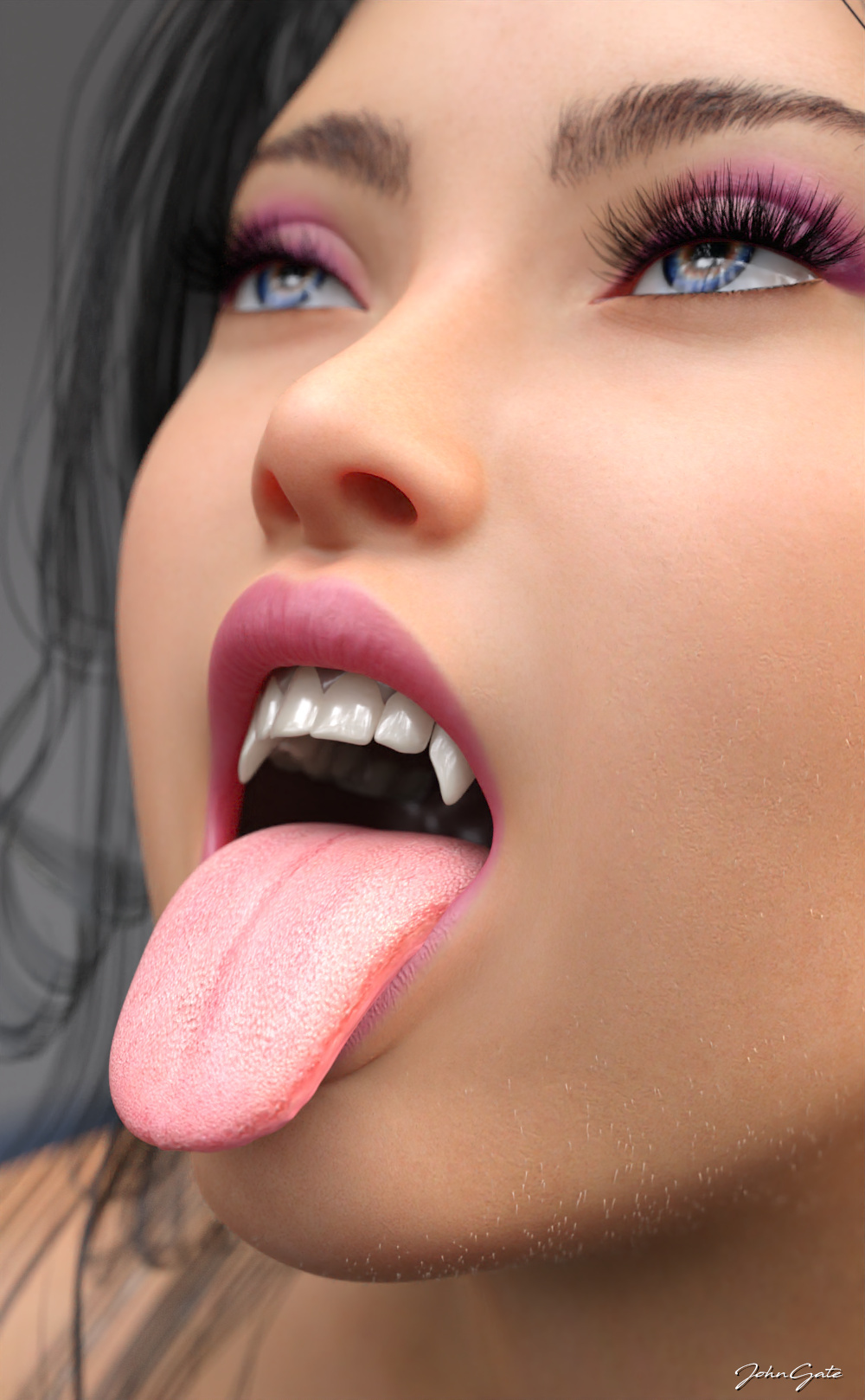 1girls 2019 3d asian asian_female black_hair close-up depth_of_field fangs female female_only johngate large_breasts mariko_(johngate) original original_character sharp_teeth slushe_(website) solo tongue tongue_out