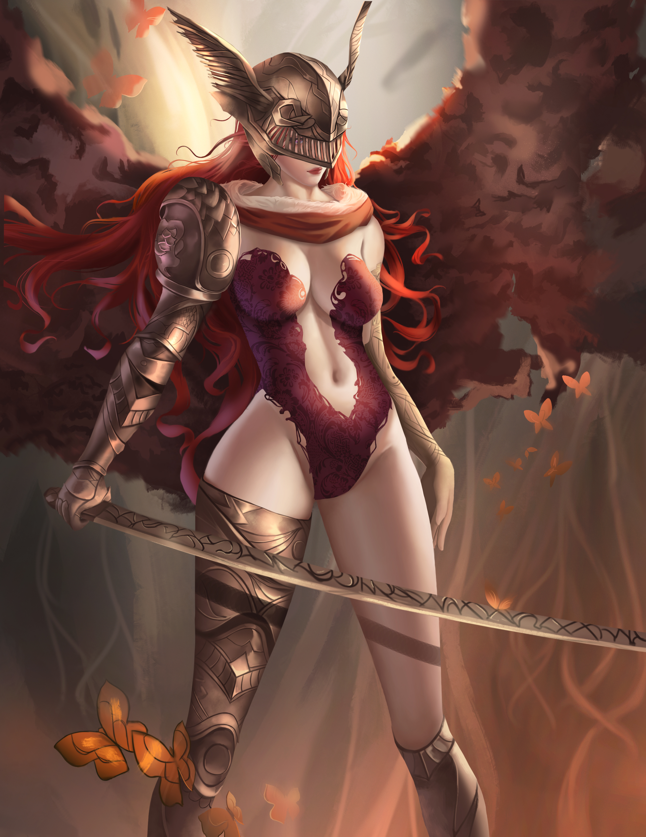 1girls, elden ring, female, female only, fromsoftware, helmet, light skin, light-skinned female, lingerie, malenia blade of miquella, prosthetic, red hair, solo, solo female, sword, wings