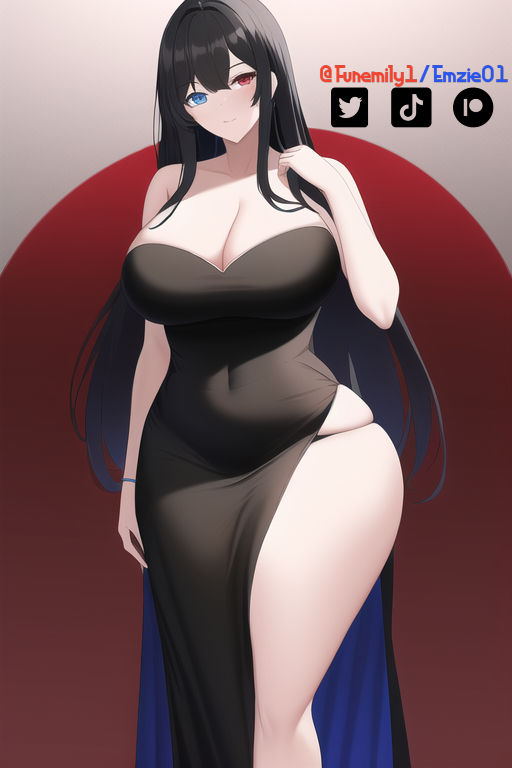 1girls ai_generated artist_self-insert black_dress blue_eyes cleavage dress emzie01 funemily1 heterochromia large_breasts long_hair mommy mommy_kink nai_diffusion red_eyes stable_diffusion standing tagme thick_thighs watermark wide_hips