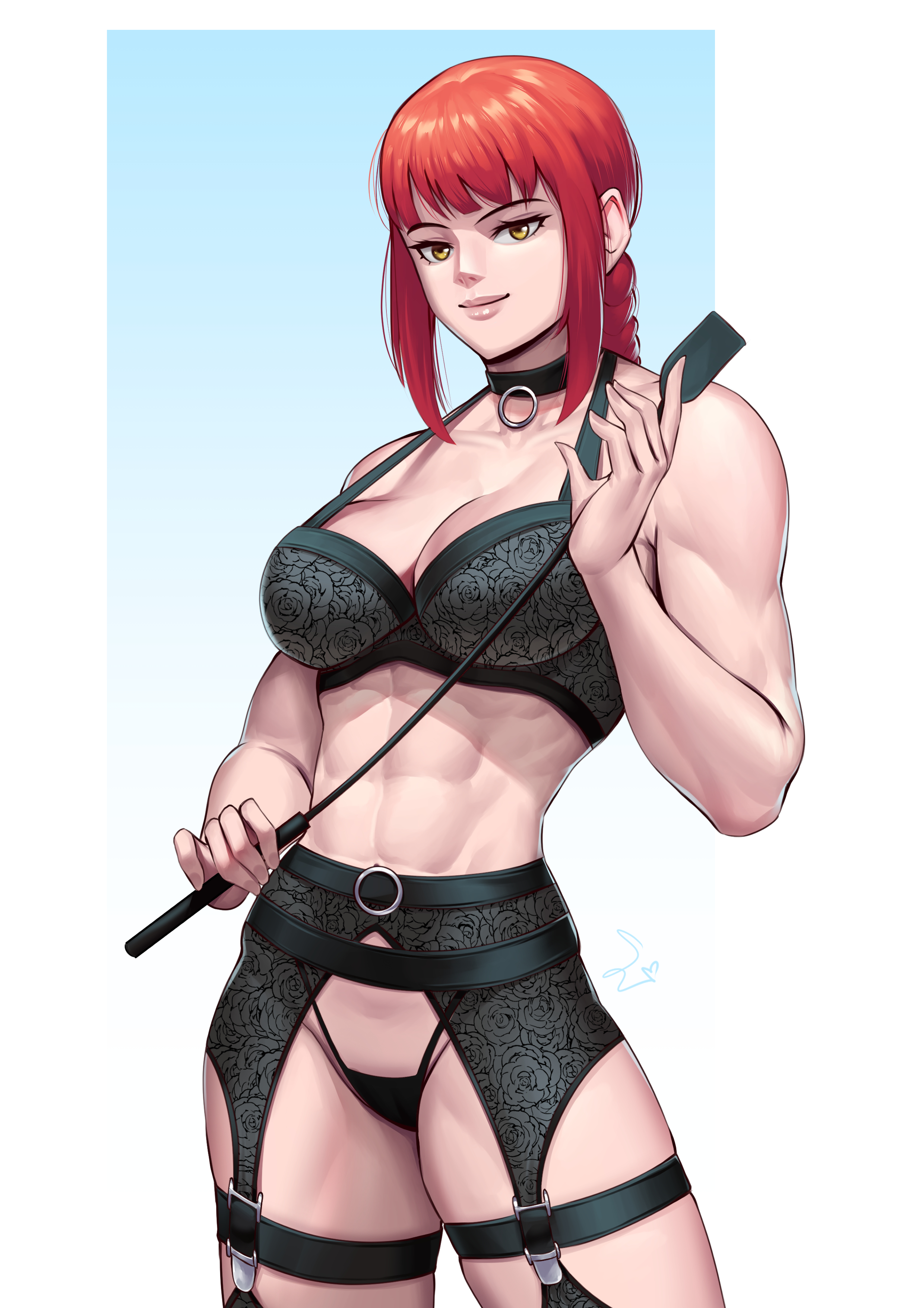 1girls, absurd res, bdsm, bdsm gear, bdsm outfit, black lingerie, breasts, chainsaw man, choker, cleavage, female, gradient background, hi res, large breasts, lingerie, looking at viewer, makima (chainsaw man), muscular, muscular female, red hair, signature, simple background, smile, solo, speedl00ver, whip, yellow eyes
