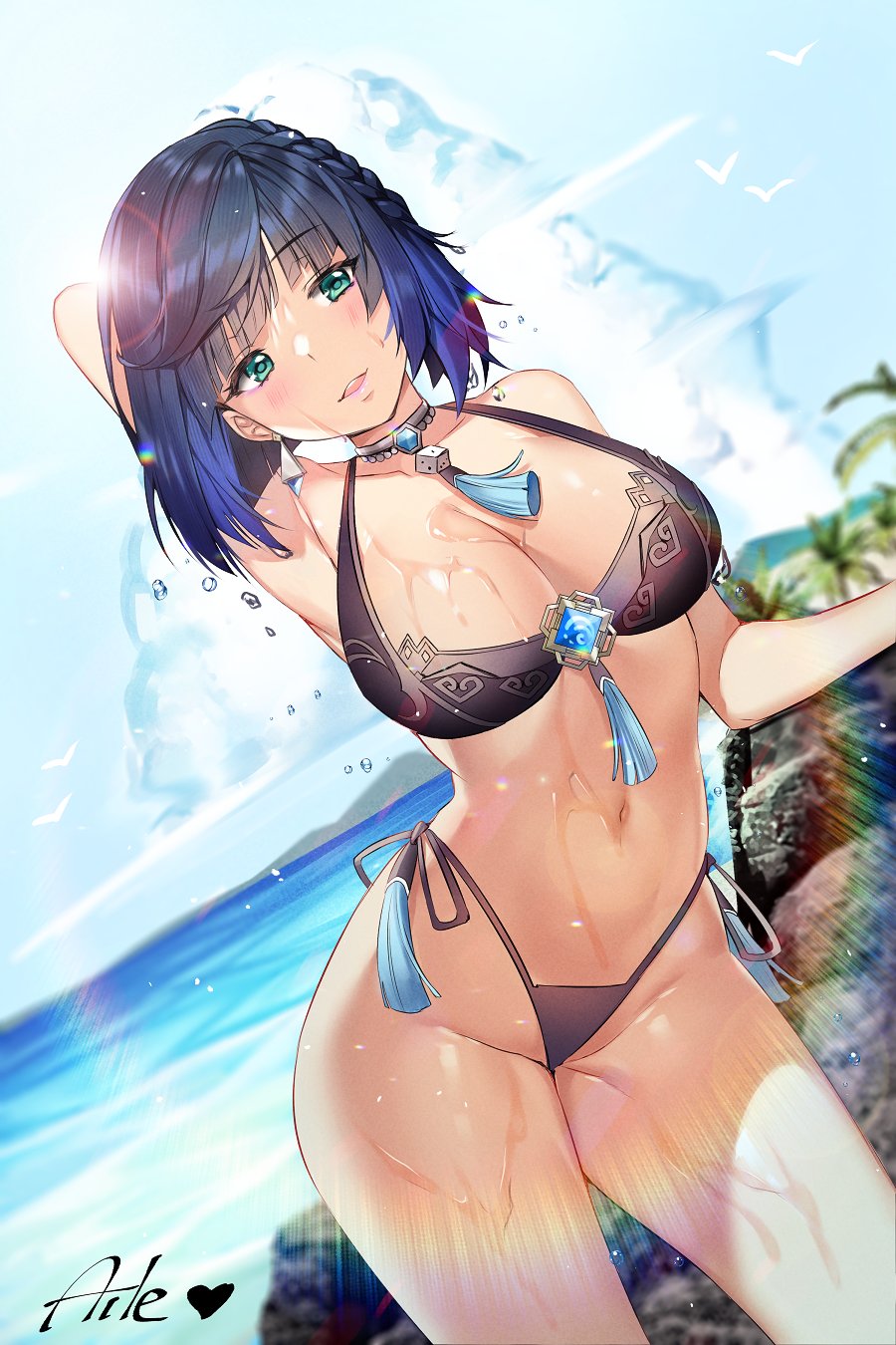 1girls, aile (artist), aile824, belly, belly button, big breasts, blue hair, breasts, female, female only, genshin impact, huge breasts, revealing, revealing clothes, revealing swimsuit, solo, swimwear, thick, thick thighs, thighs, tummy, water, wet, yelan (genshin impact)