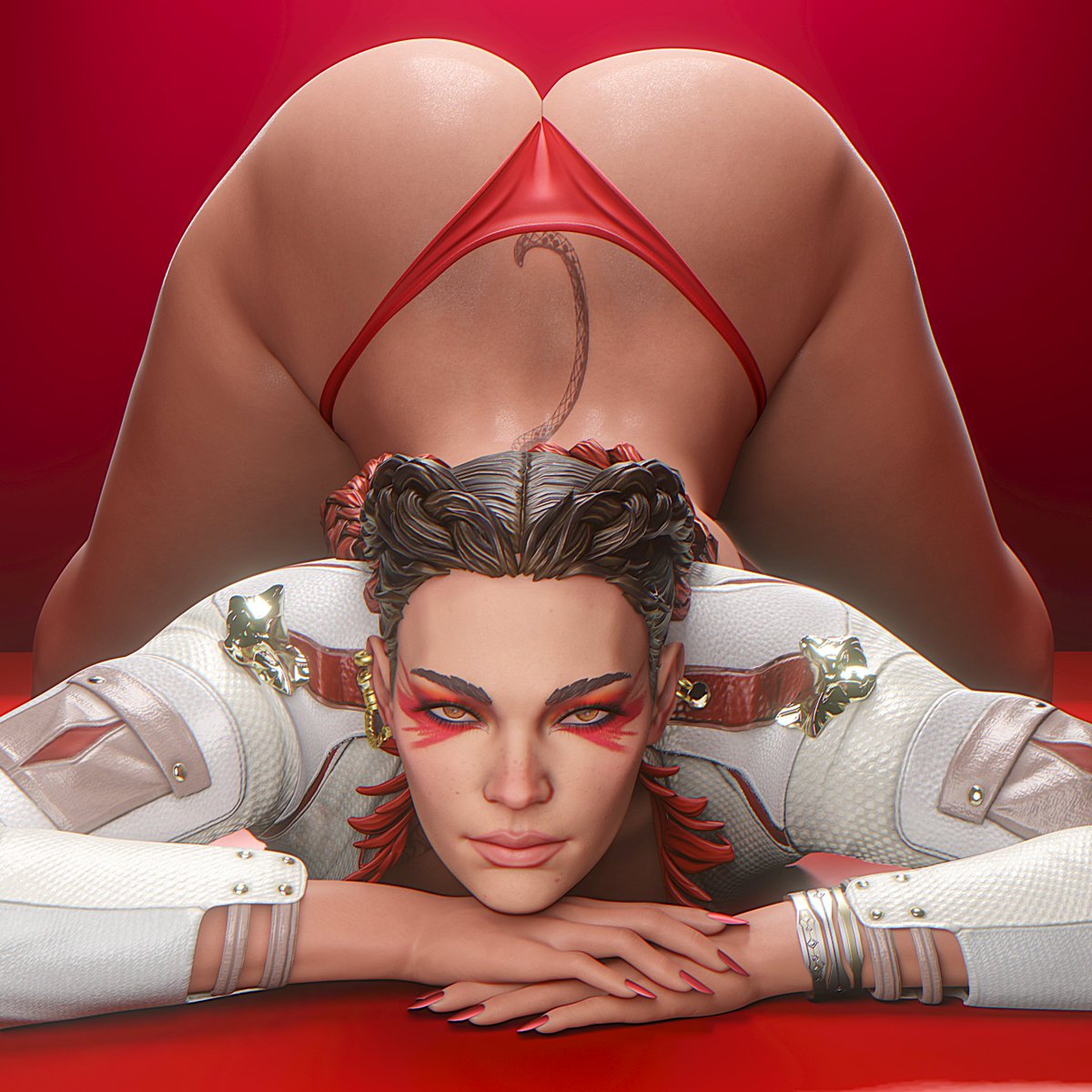 1girls, 3d, all fours, apex legends, ass, ass up, athletic, athletic female, big ass, black hair, bracelet, braided hair, braided twintails, brazilian, breadcrumb, brown eyes, brown hair, brown skin, brown-skinned female, dark skin, dark-skinned female, electronic arts, eyeliner, face down ass up, female, female only, latina, loba (apex legends), looking at viewer, panties, pigtails, red eyeshadow, red hair, red lipstick, respawn entertainment, seductive eyes, seductive look, solo, solo female, tattoo, thong, twintails, two-tone hair, yellow eyes
