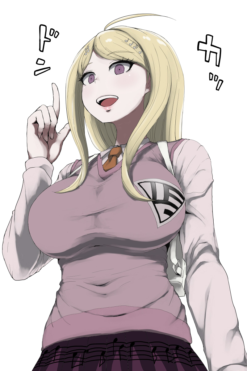 10s, ahoge, akamatsu kaede, backpack, bag, beamed quavers, blonde hair, breasts, collared shirt, covered navel, danganronpa, danganronpa (series), danganronpa v3: killing harmony, eyelashes, female, female focus, fortissimo, gorgonzola (paradisegom), hair ornament, highres, index finger raised, large breasts, long hair, miniskirt, musical note, musical note hair ornament, necktie, parumezan, pleated skirt, purple eyes, quaver, red necktie, ringed eyes, school uniform, semiquaver, shirt, skirt, solo, sweater vest, taut clothes, upper body, v-neck, vest
