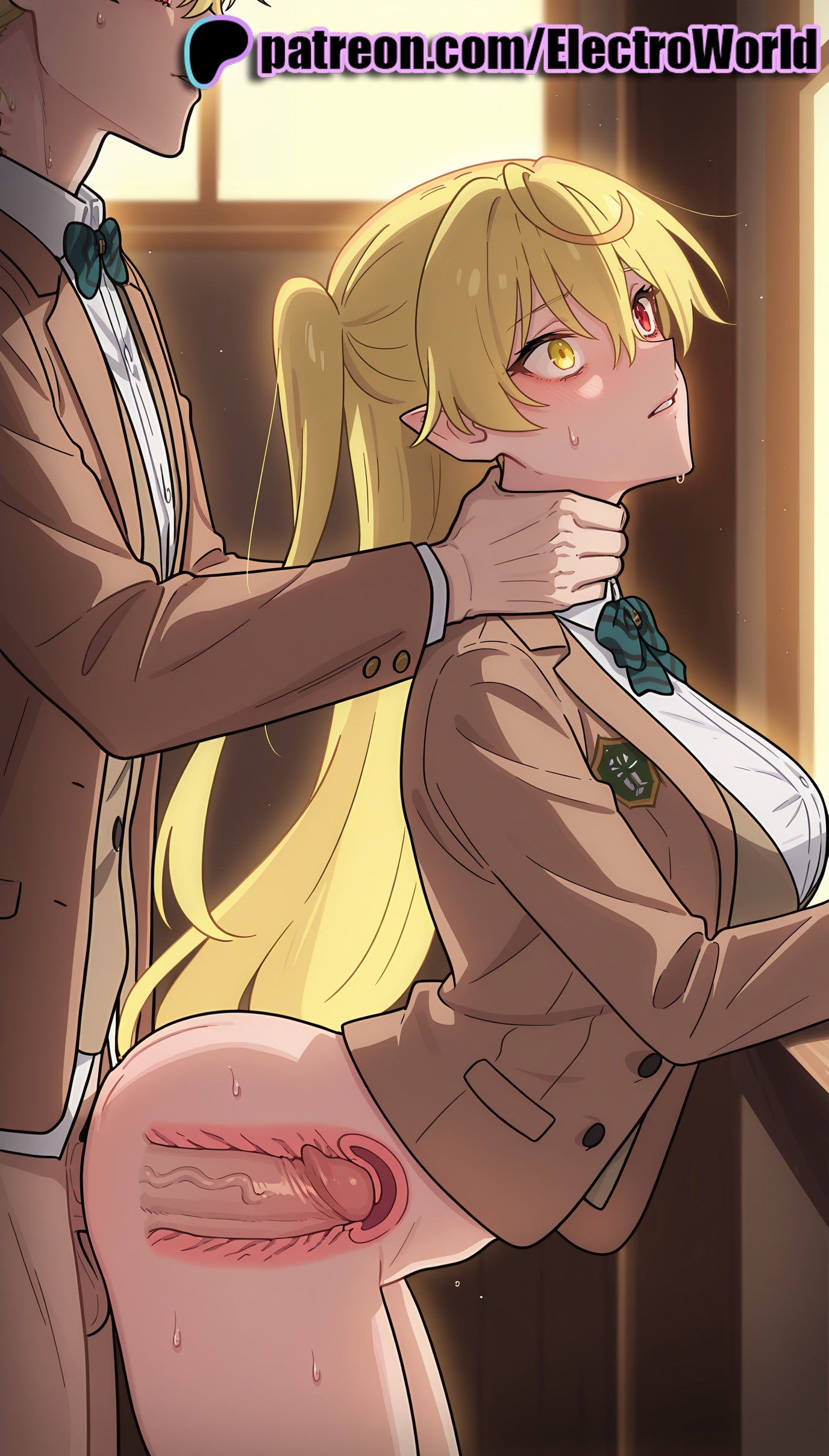 1boy, 1girls, 2025, ai generated, artist name, blazer, blonde hair, blush, bottomless, bow, bowtie, brown jacket, cock, dick, electroworld, female, fucking, green bow, green bowtie, green eyes, green neckwear, green ribbons, heterochromia, hi res, high quality, high resolution, highres, intercourse, internal cumshot, jacket, long hair, love making, male, maou 2099, patreon, patreon username, penetration, penis, ponytail, pussy, school uniform, sex, sex from behind, sexual intercourse, stable diffusion, straight, sweat, uncensored, uterus, vaginal penetration, watermark, x-ray, yamada-reynard hizuki